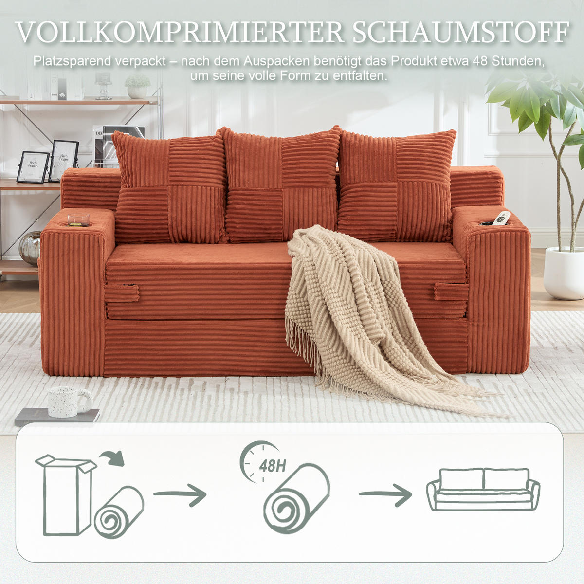 2-SITZER Bodensofa ausklappbar, Getränkehalter/Seitentaschen, Cord, Orange - Orange, Textil (172/64/87cm) - LVHOM