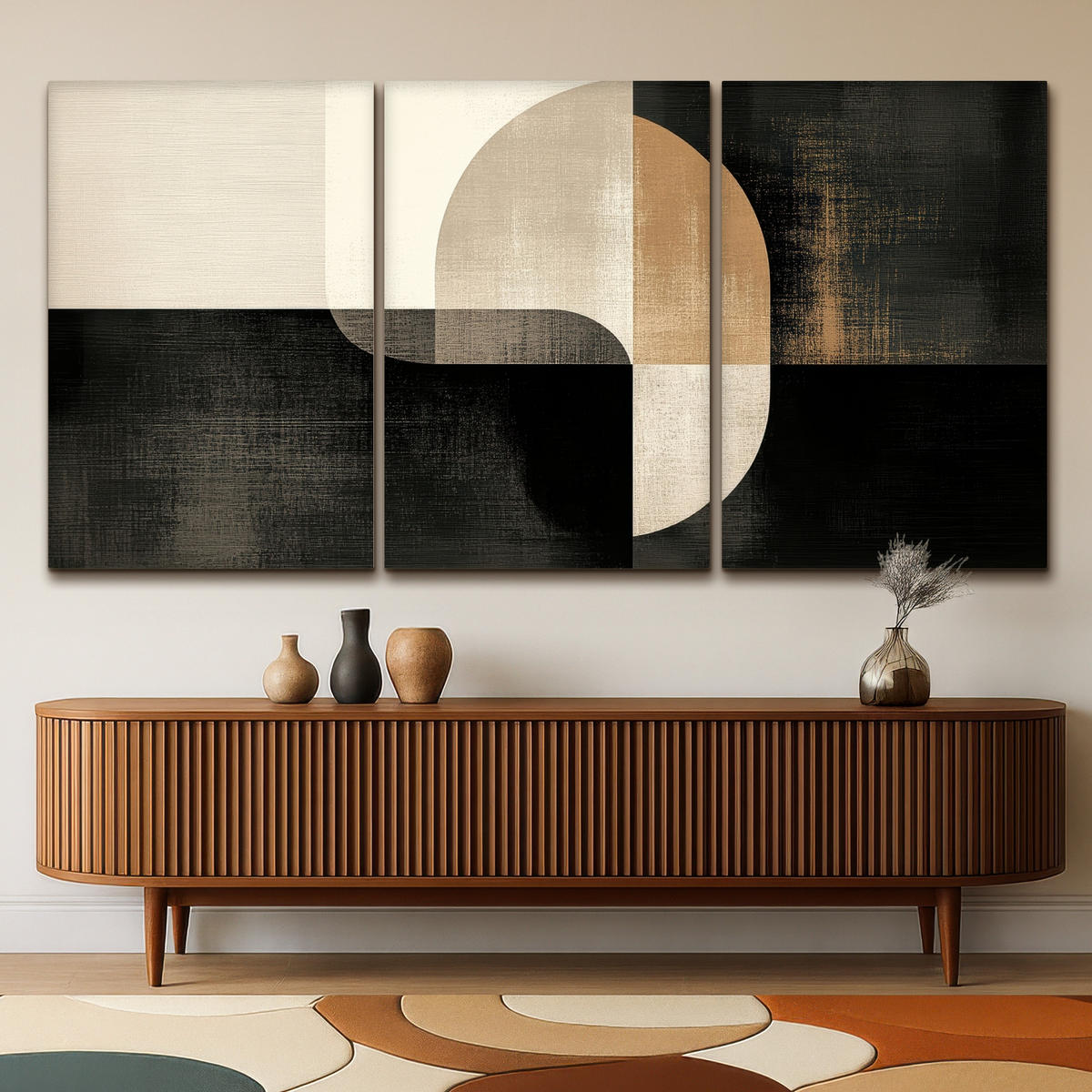 LEINWANDBILD 3er Set Formen - Abstrakt - Gold 240x120 cm - Schwarz, Textil (240/120cm) - MuchoWow
