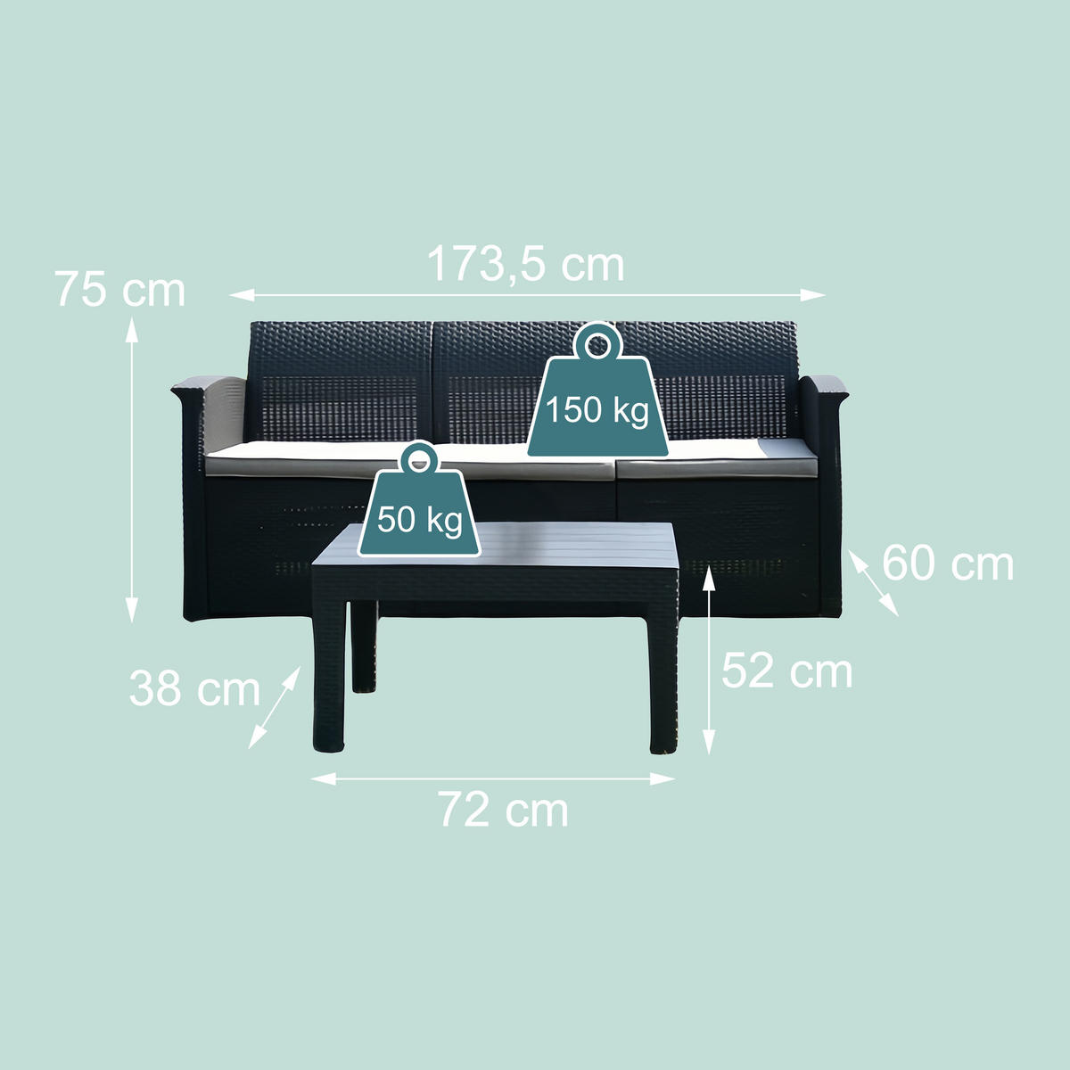 4-TLG.GARTENMÖBEL-SET - Schwarz, Kunststoff/Textil - Relaxdays