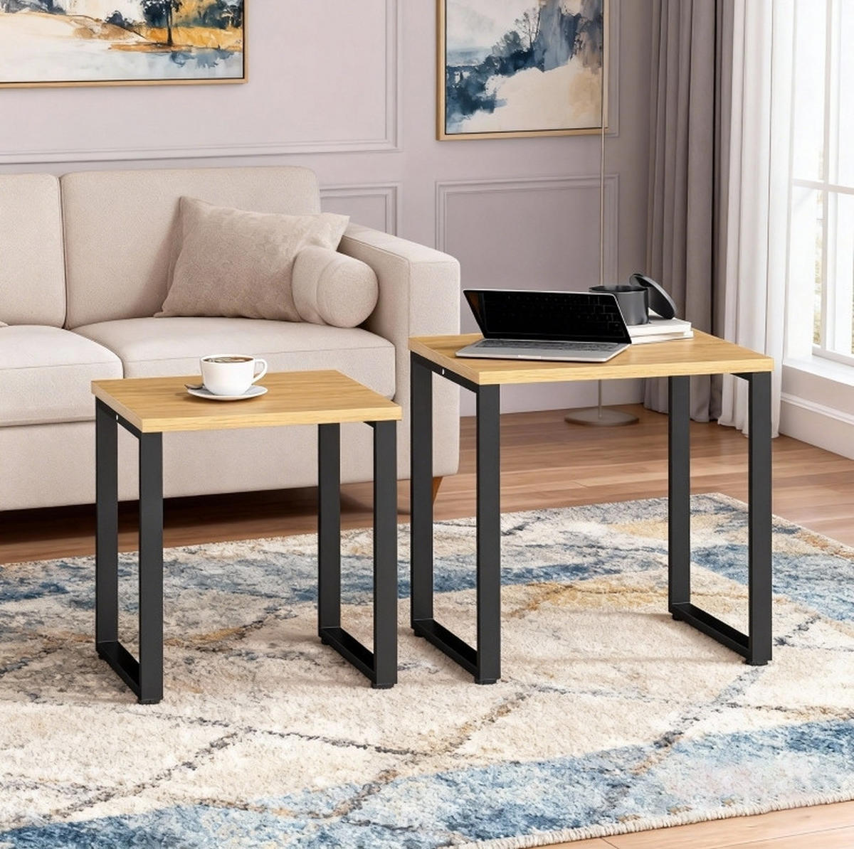 COUCHTISCH-SET aus melaminbeschichteter 60x50x60 cm Spanplatte und Metall, 2-teilig, Naturholz - Naturfarben, Holzwerkstoff (60/50/60cm) - IVMEU