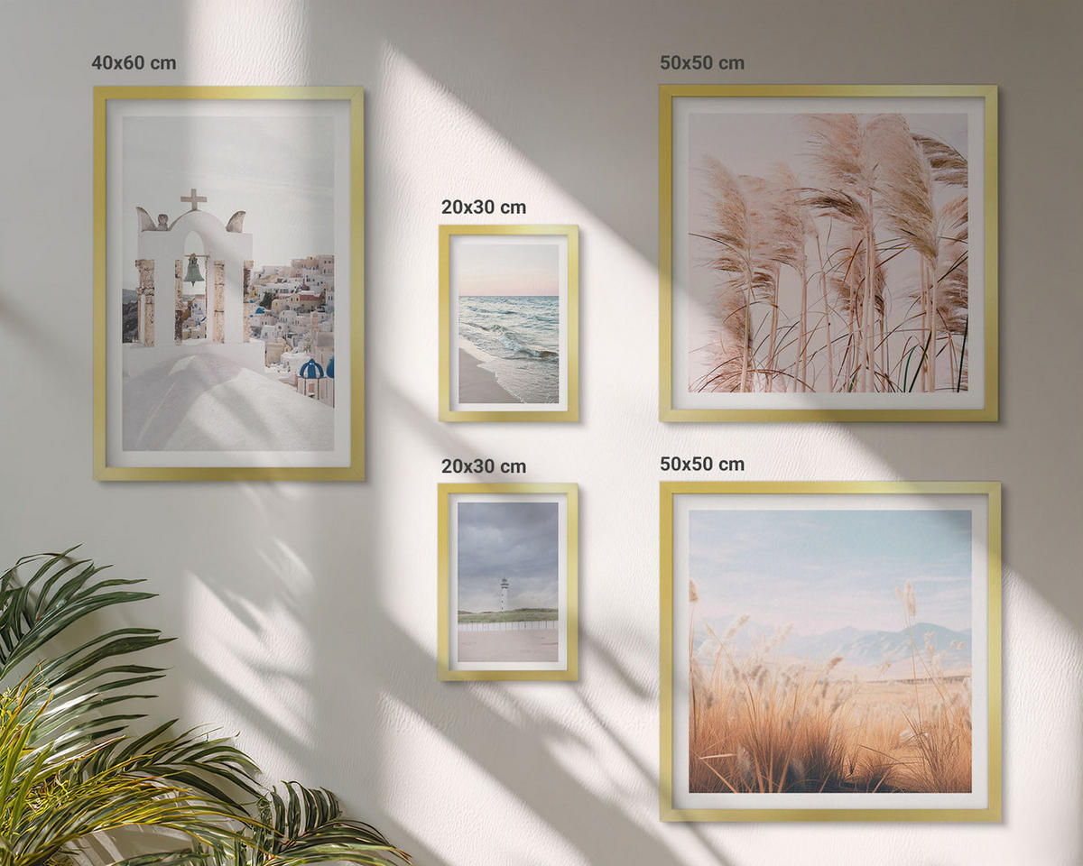 BILDER SET 5er Set - 50x50 cm & 20x30 cm & 40x60 cm Goldrahmen - Pflanzen, Meereswellen, Aussicht, Häuser - Goldfarben, Kunststoff (40/60cm) - TULUP