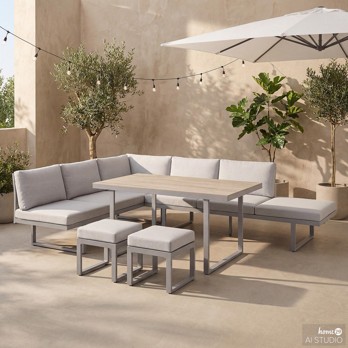 DINING-LOUNGESET - Aluminium / Polyester - Hellgrau - 5-teilig - Hellgrau, Glas/Textil - home24