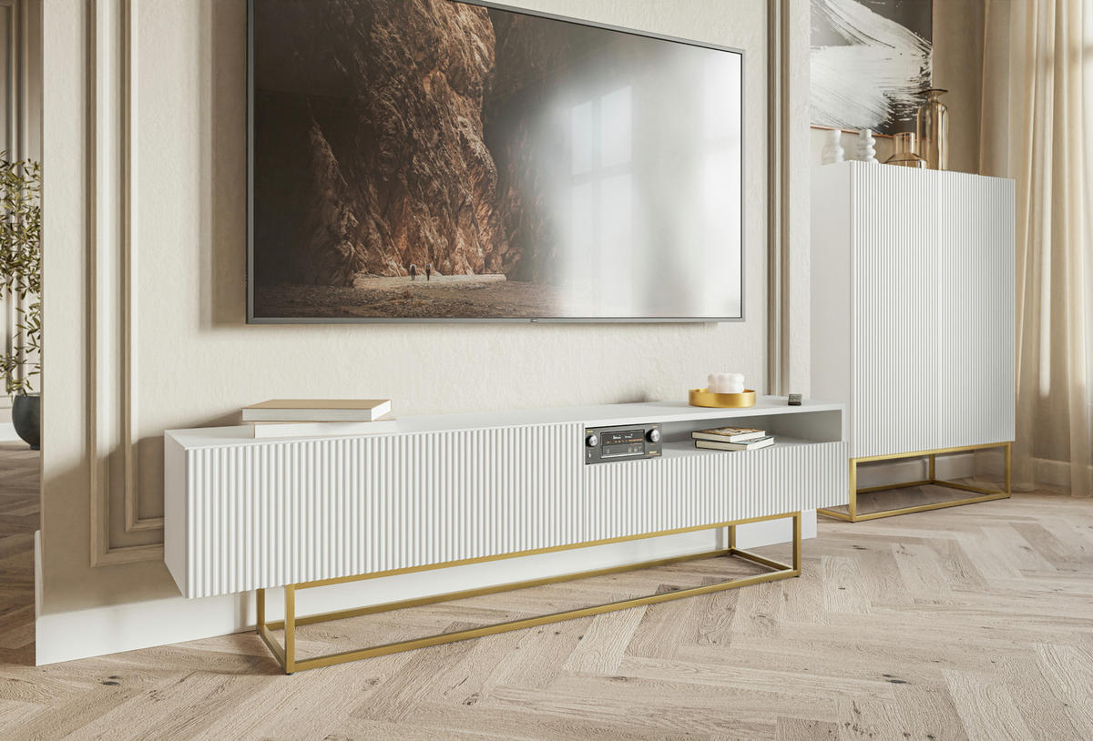 TV-SCHRANK Veldio Weiß mit offenem Fach und goldenen Metallbeinen 175 cm - Goldfarben/Weiß, Holzwerkstoff/Metall (175/46.5/31.6cm) - Selsey