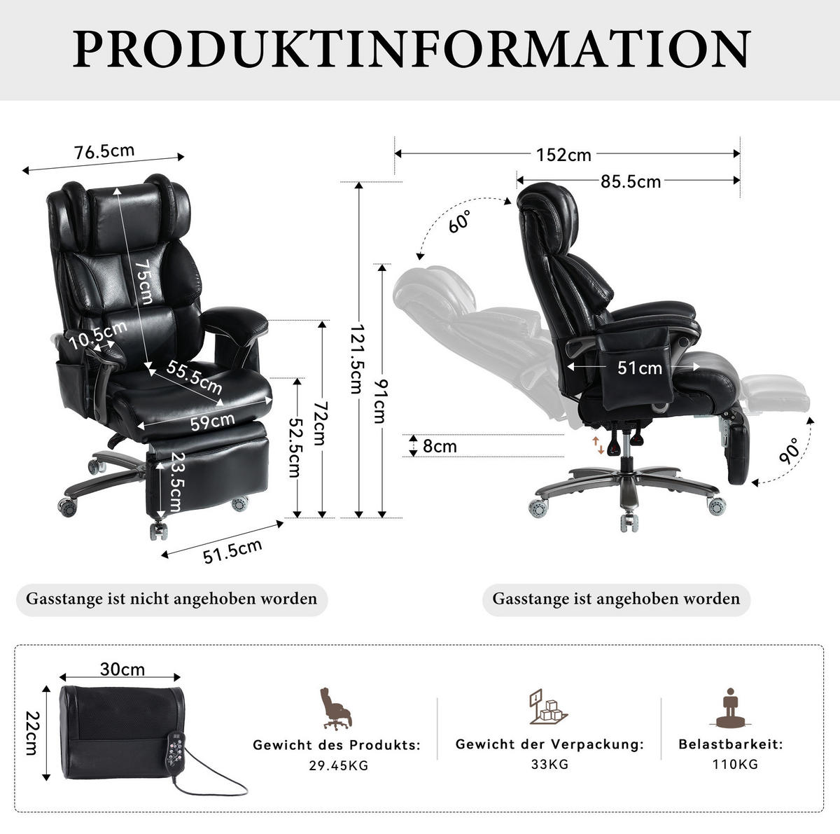 BÜROSTUHL mit Massage- und Heizfunktion PU-Leder Black - Schwarz, Kunststoff (76.5/121.5/85.5cm) - Meubliv