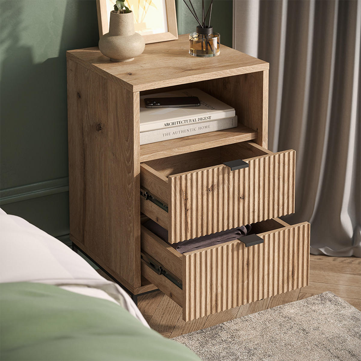 NACHTTISCH Eliza, Viking Oak/Schwarz, 40 x 66 cm mit 2 Schubladen & 1 Fach - Eichefarben/Schwarz, Holzwerkstoff (40/66/38.1cm) - Vicco