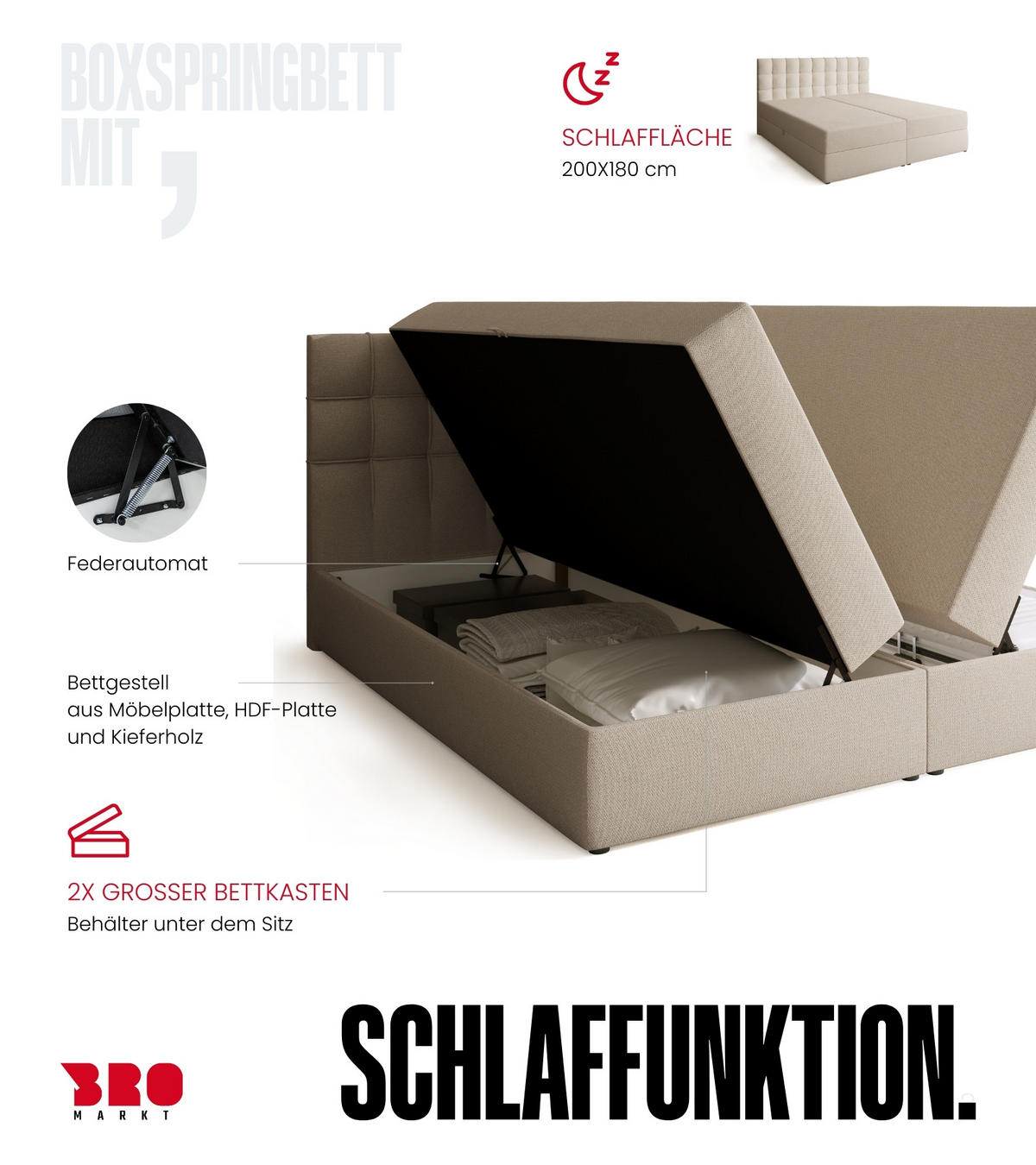 BOXBETT Detroit mit Topper 180/200 Ecru - Ecru, Holzwerkstoff/Textil (180/200cm) - Bromarkt