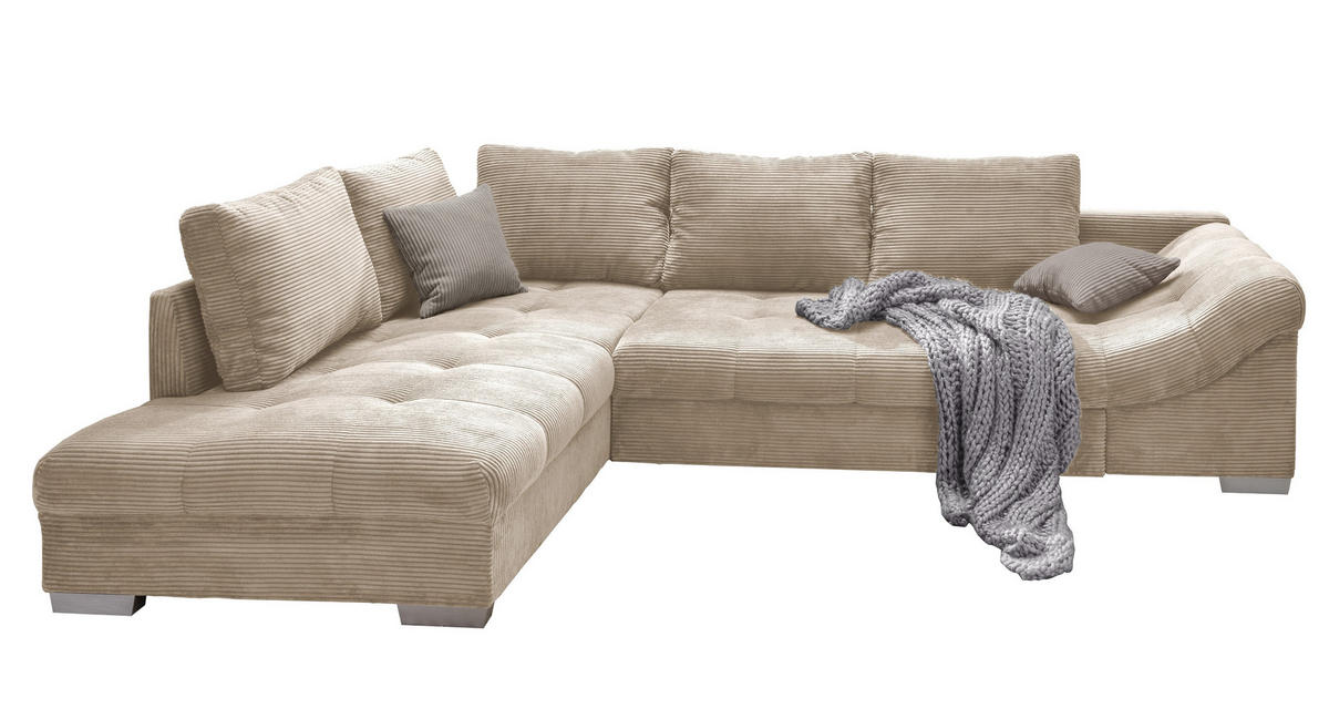 ECKSOFA mit Schlaffunktion, Wellenunterfederung, Ottomane links B298/T202/H84 cm, Liegefl. 154x227 cm, Cord Beige / 17204 - Beige/Silberfarben, Holz/Textil (298/202cm) - luma-home