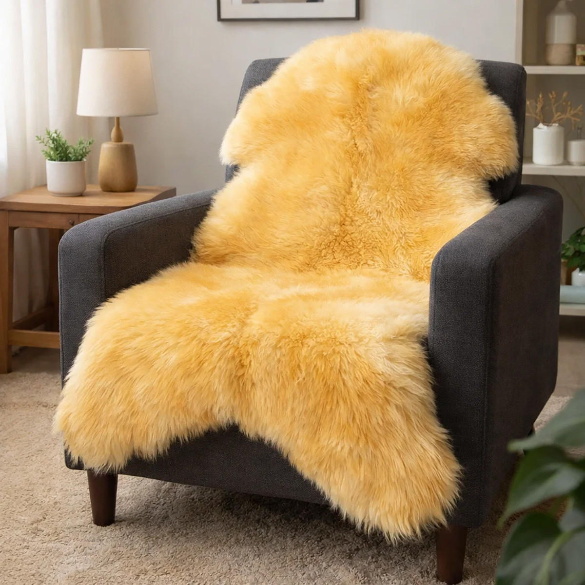 SCHAFFELL Premium Lammfell Natur ungeschoren weiche Wolle Medizinisch gegerbt ca. 135 cm - Gelb, Fell (75/135cm) - Provellus