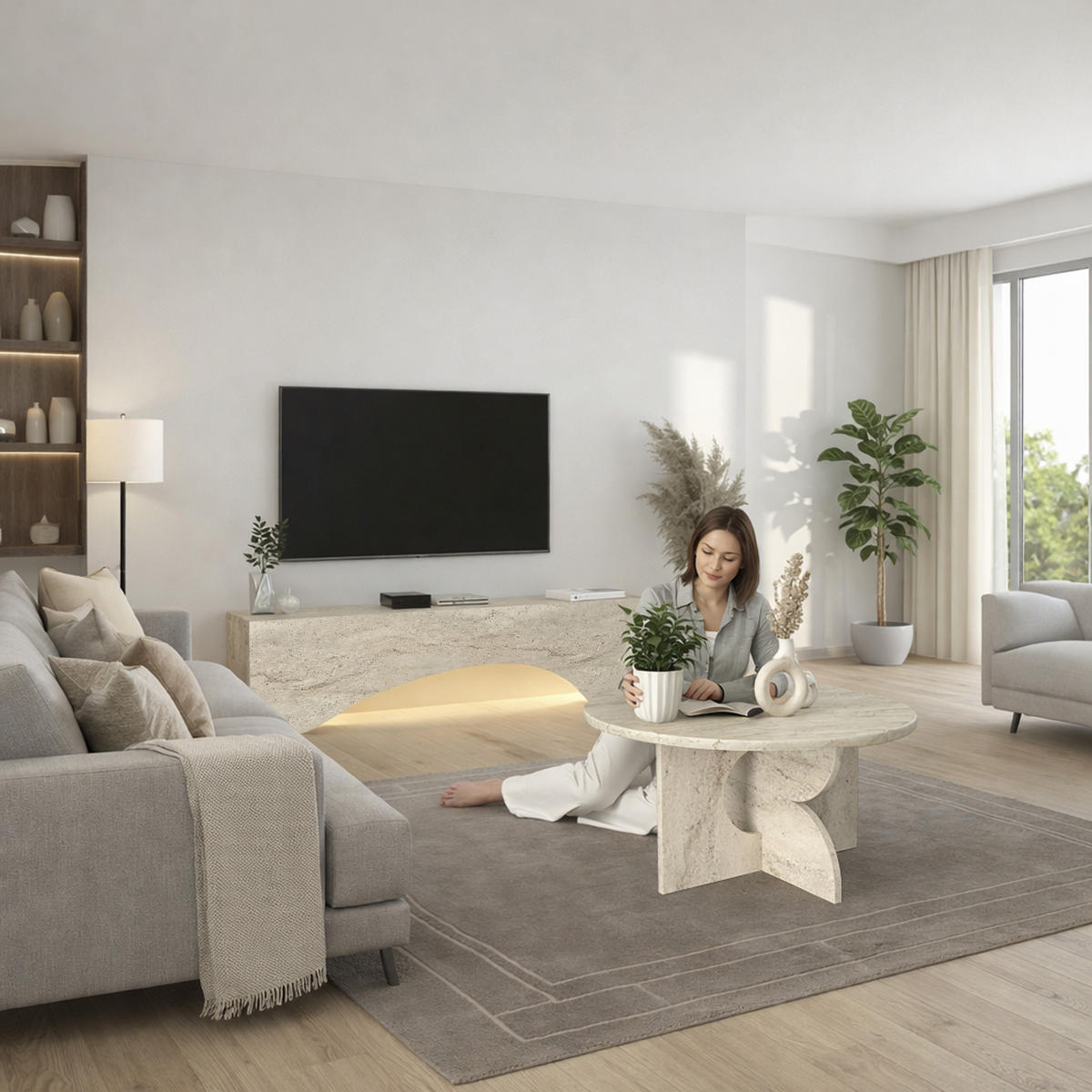 MOEBEL17 Couchtisch Rund Ø 75 cm Travertin Optik Beige – Moderner Wohnzimmertisch Steinoptik – Stabiler Design Sofatisch – Minimalistischer Wohnzimmer - Beige, Holzwerkstoff (75/75/37cm) - moebel17