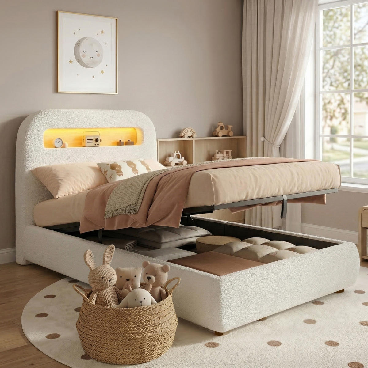 POLSTERBETT 90/200 cm Weiß aus Bouclé mit Stauraum und LED-Beleuchtung - Weiß, Textil (90/200cm) - OKMYHOME