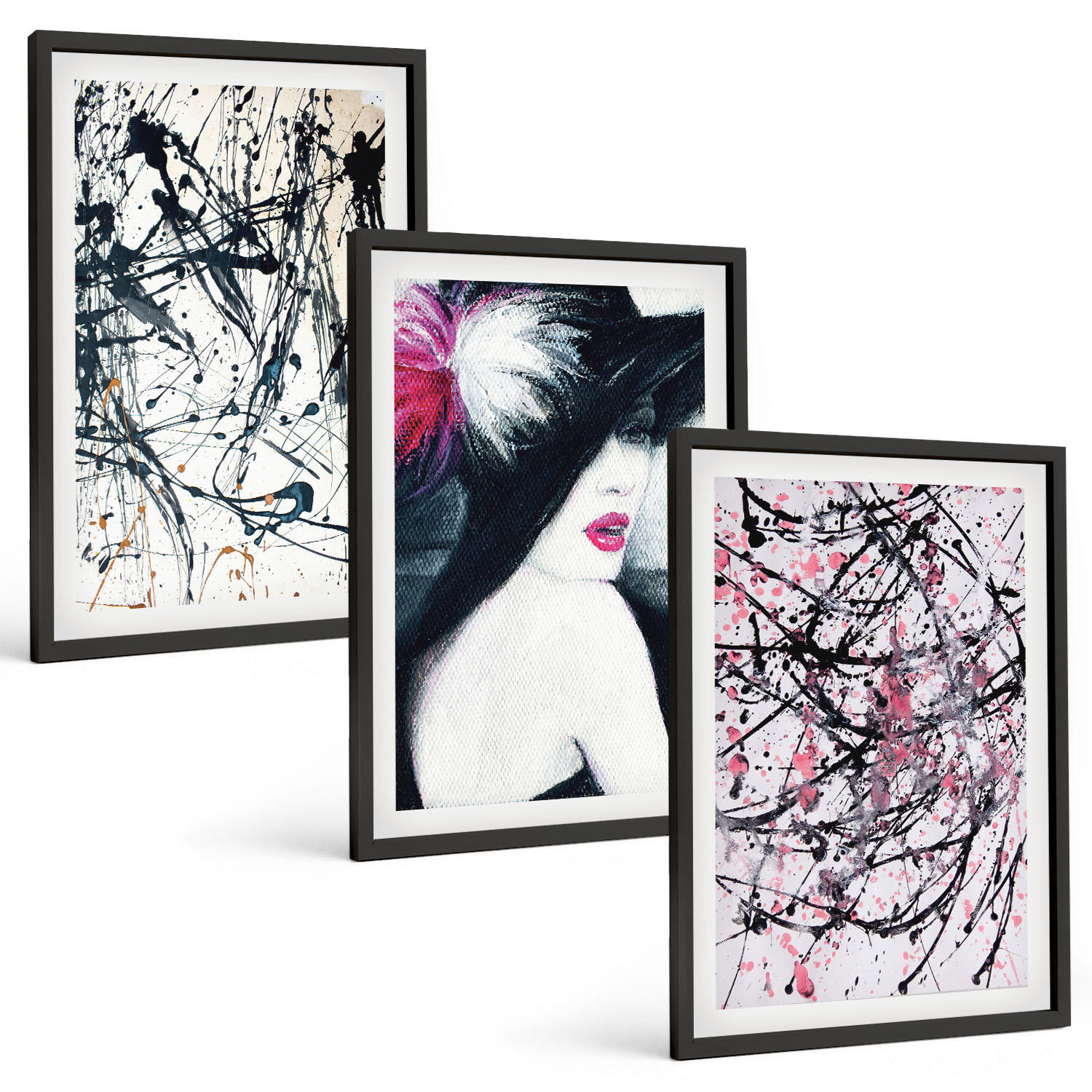 BILDER SET 3er Set - 40x60 cm Schwarzer Rahmen - Abstrakte Farbmuster Hut - Schwarz, Kunststoff (40/60cm) - TULUP