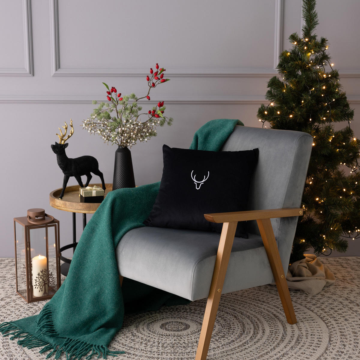 KISSENHÜLLE Reindeer Silhouette 43x43 cm - Schwarz, Textil (43/1cm) - Dekoria