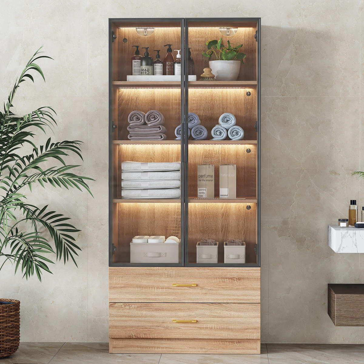 BADSCHRANK in Braun Highboard mit LED-Lichtleiste Glastür 2 große Schubladen 2 Türen , B75/T34.5/H170cm - Braun, Glas/Holzwerkstoff (75/170/34.5cm) - STILVORA