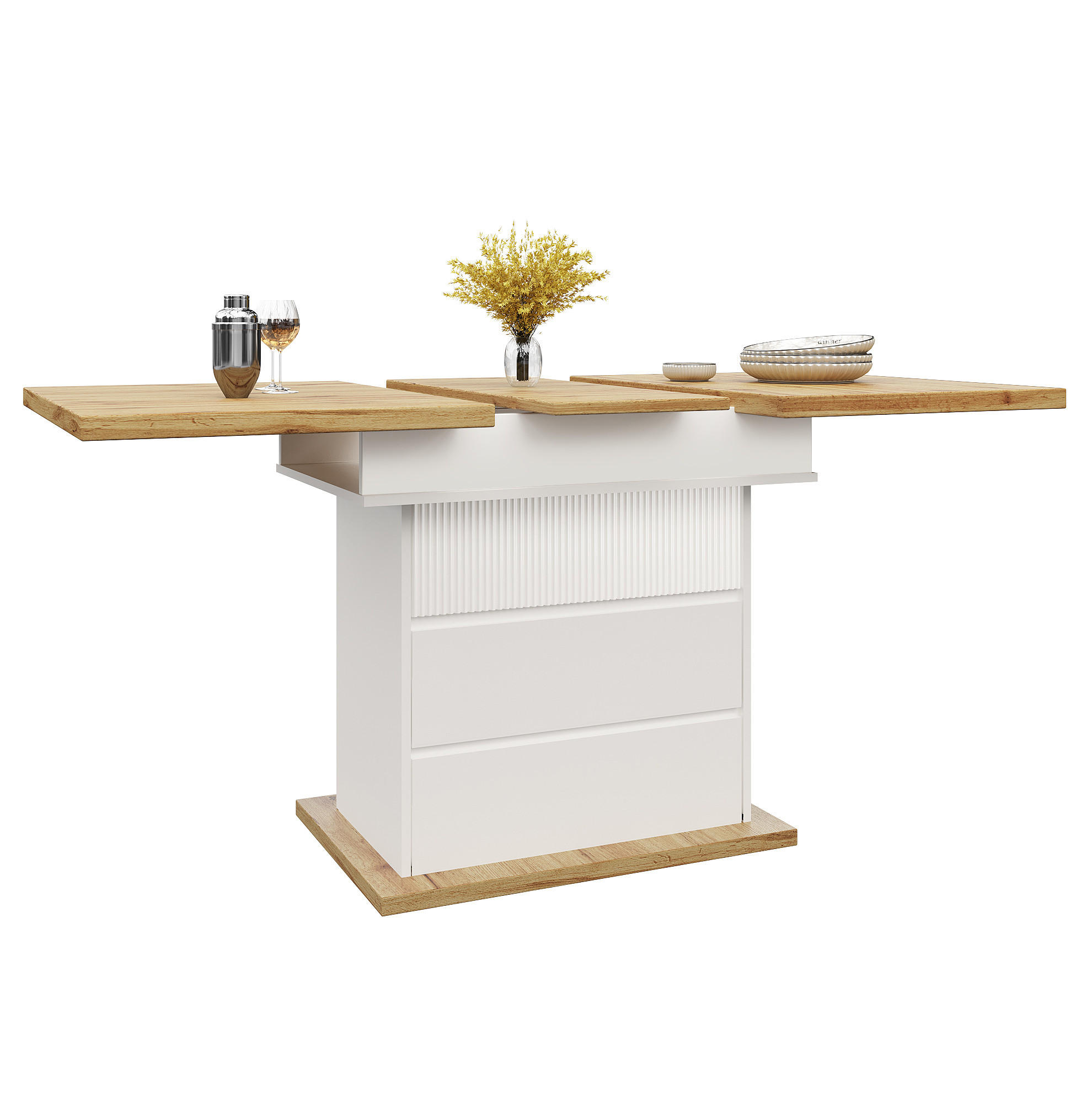 OKWISH JÍDELNÍ stůl 110-140/80/75 cm přírodní/bílý z MDF s rozkládací deskou a úložným prostorem