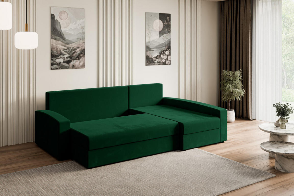 ECKSOFA mit Schlaffunktion und Bettkasten ALESIA-L 231x140x90 cm Grün Velours - Silberfarben/Grün, Holzwerkstoff/Kunststoff (231/140cm) - ALTDECOR