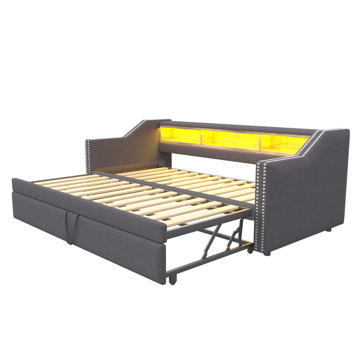 BETT mit ausziehbarem Bettrahmen Dunkelgrau mit USB-Anschluss und LED-Beleuchtung 90/190 cm - Dunkelgrau, Textil (90/190cm) - OKWISH