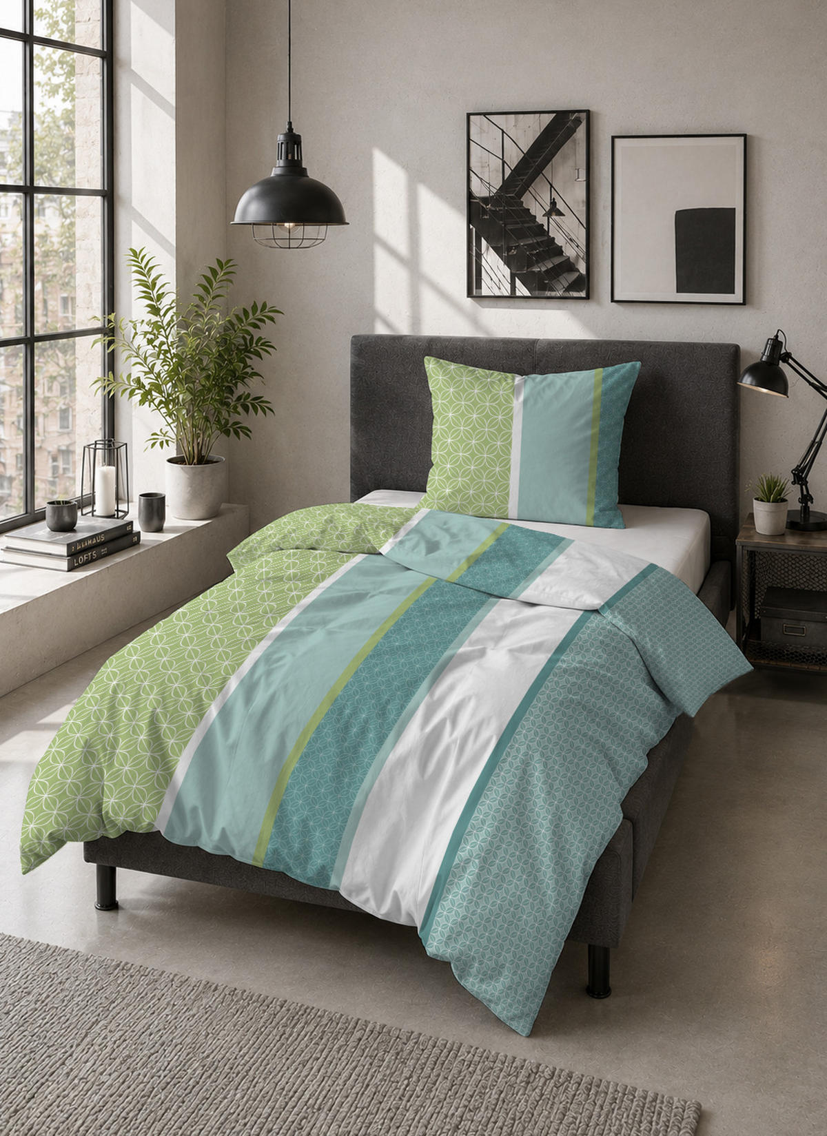 BETTWÄSCHE-GARNITUR Mikrofaser Längsmuster apfelgrün, 135x200 cm + 80x80 cm - Hellgrün, Textil (135/200cm) - Castell