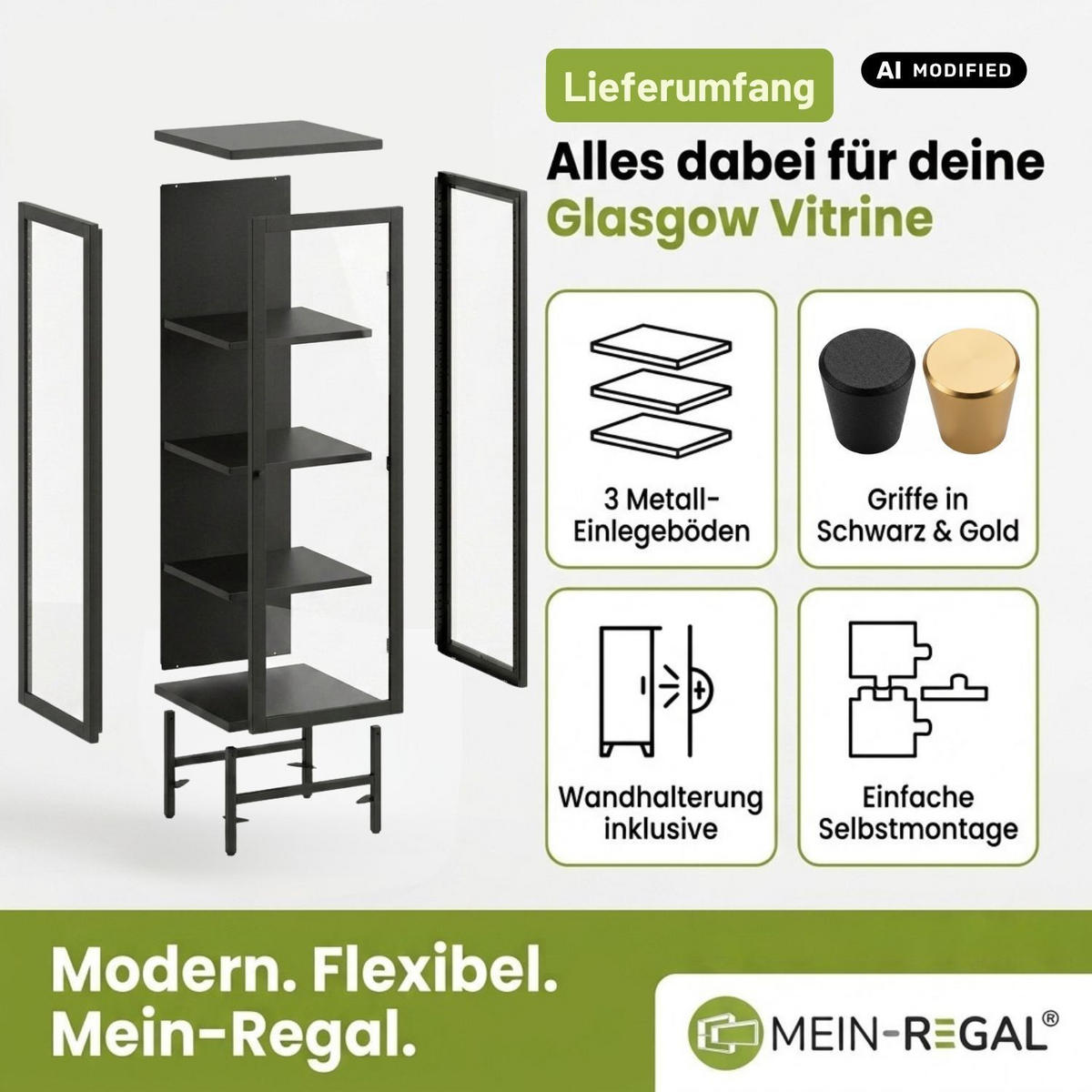 SCHMALE ECK-VITRINE GLASGOW Metall Schwarz 40/40/170 cm - Schwarz, Metall (40/170/40cm) - Mein-Regal