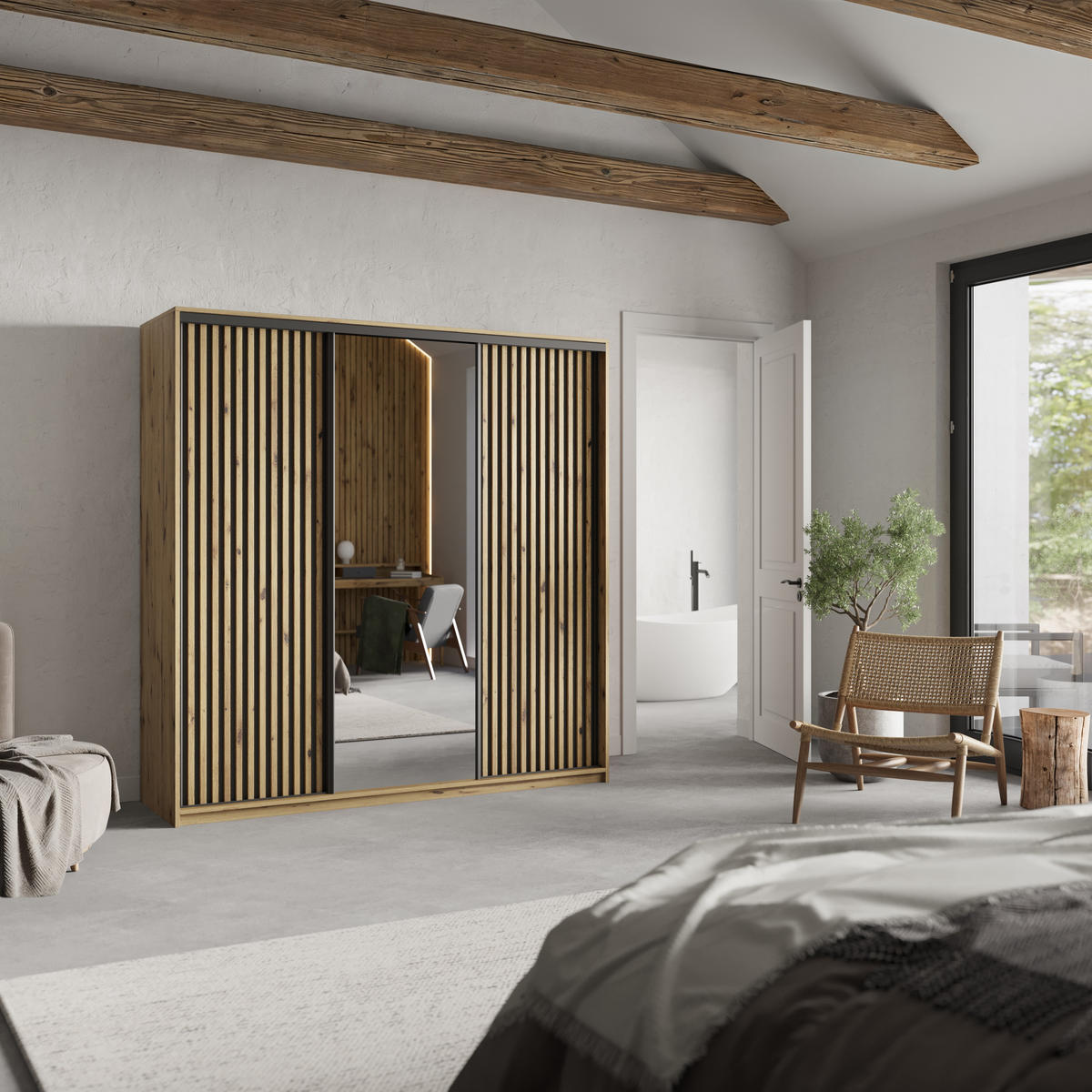 SCHWEBETÜRENSCHRANK ORRA 200/205/60 cm 3-türig mit Spiegel und Lamellen Eiche Artisan - Schwarz/Eiche Artisan, Holzwerkstoff (200/205/60cm) - MASSENO