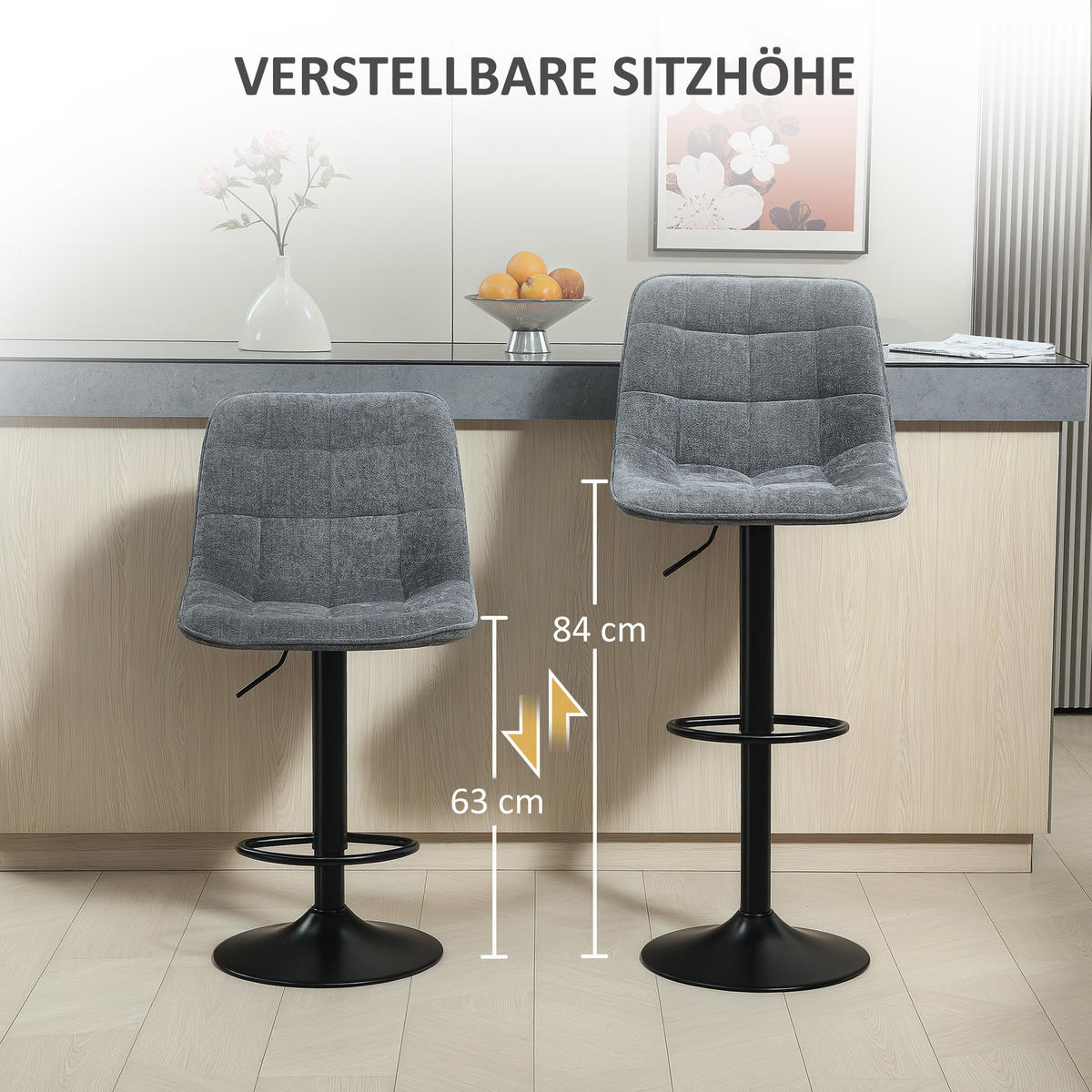 BARHOCKER 2er-Set, Gepolstert Barstuhl mit Lehne, Chenille-Optik Dunkelgrau - Dunkelgrau, Kunststoff (47/117/53cm) - HOMCOM