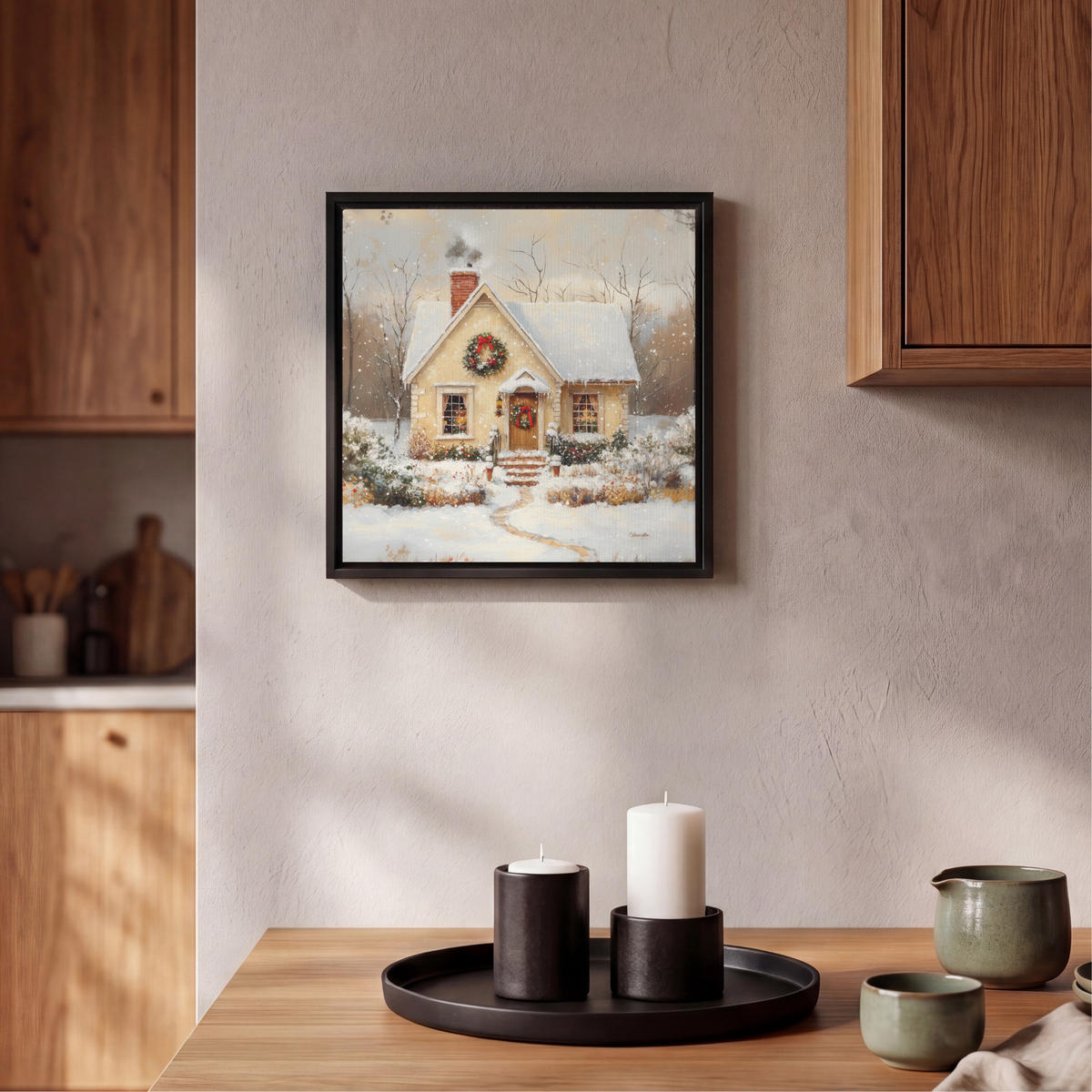 LEINWAND Bilder mit Rahmen - Weihnachten - Zuhause - Winter - Schnee - 20x20 - Creme, Textil (20/20cm) - MuchoWow