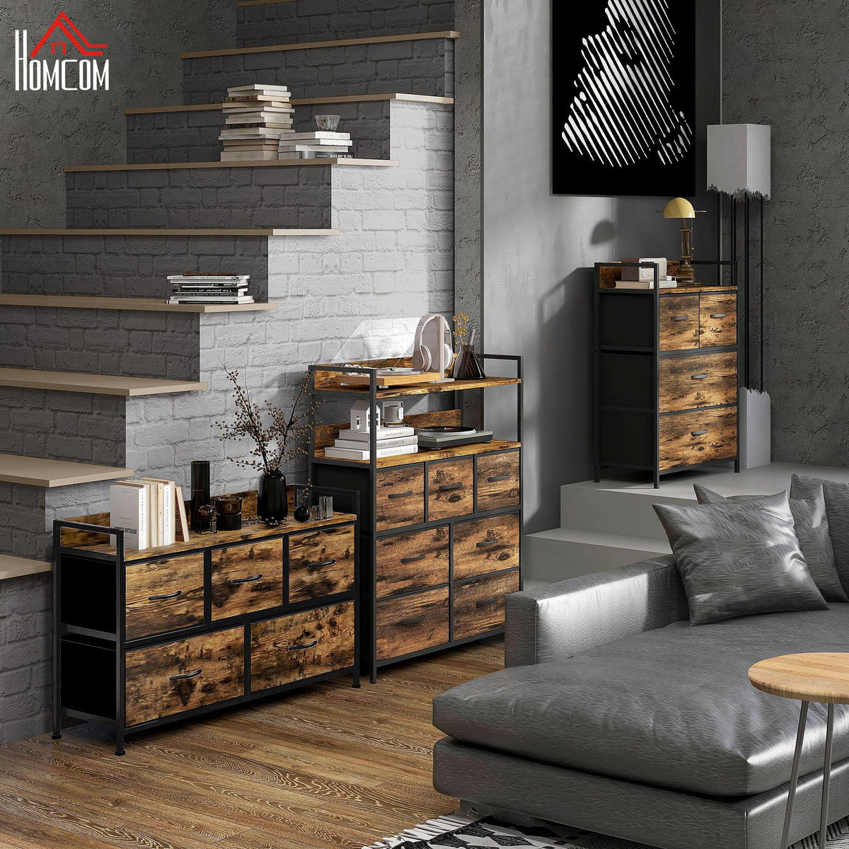 KOMMODE mit 5 Schubladen aus Stoff Kommodenschrank mit Stahlgestell Braun - Braun, Textil (29/63/98cm) - HOMCOM