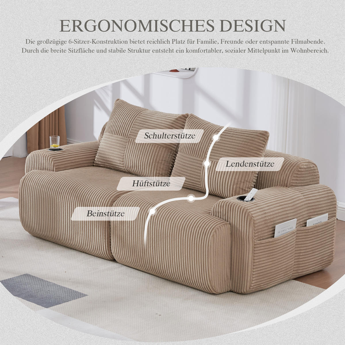 2-SITZER Sofa Cord mit Getränkehalter und Seitentasche 200/99/80 cm Sandfarben - Sandfarben, Textil (99/80/200cm) - Redom