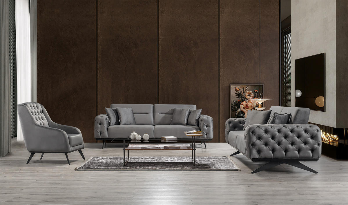 SITZGARNITUR Cuba Creme Stellvariante:3+3+1 - Grau, Holz (230/85/100cm) - Villa Möbel