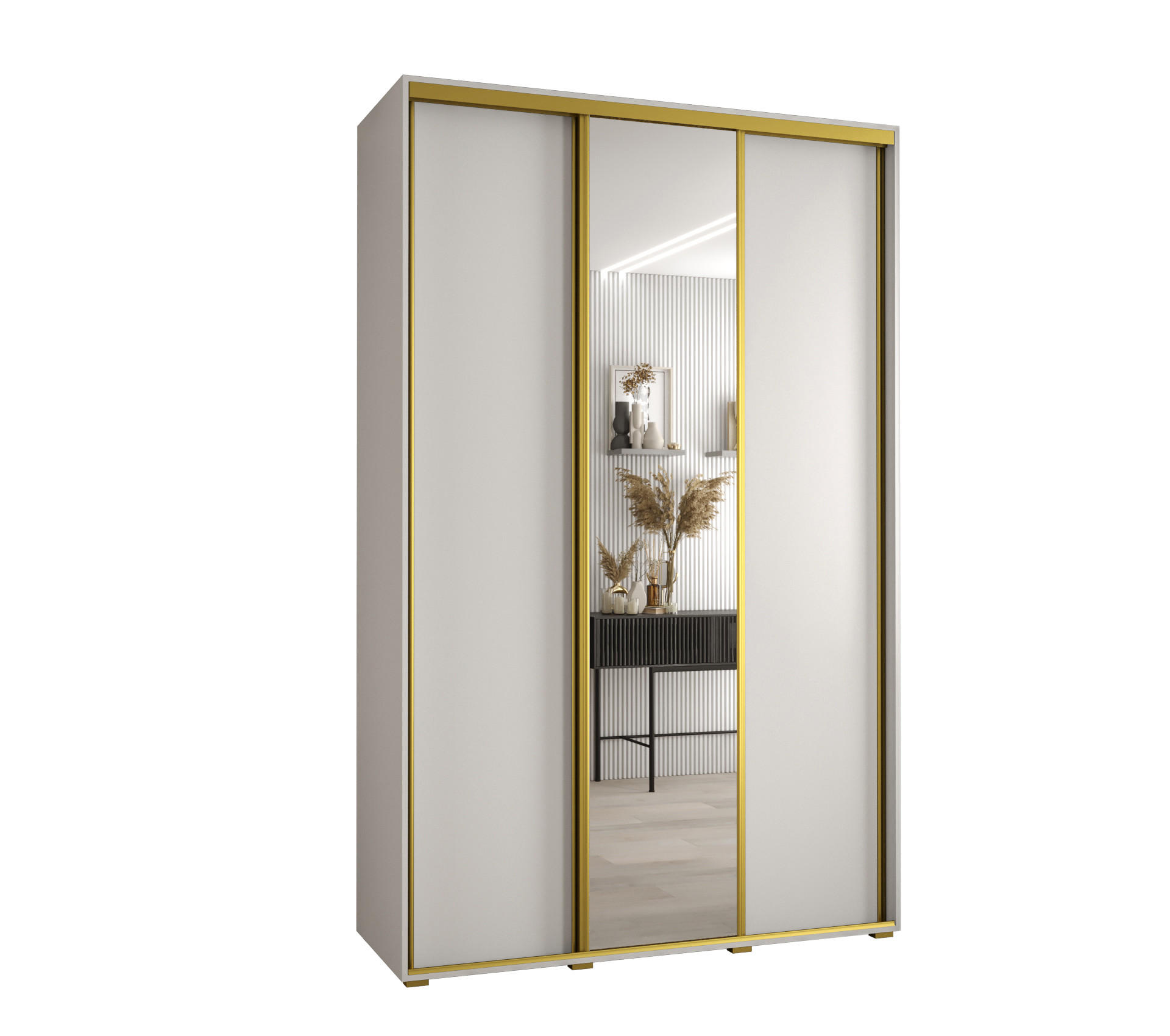 Abiks Möbel Schwebetürenschrank Weiß, Weiß, Gold 150x235x60 cm