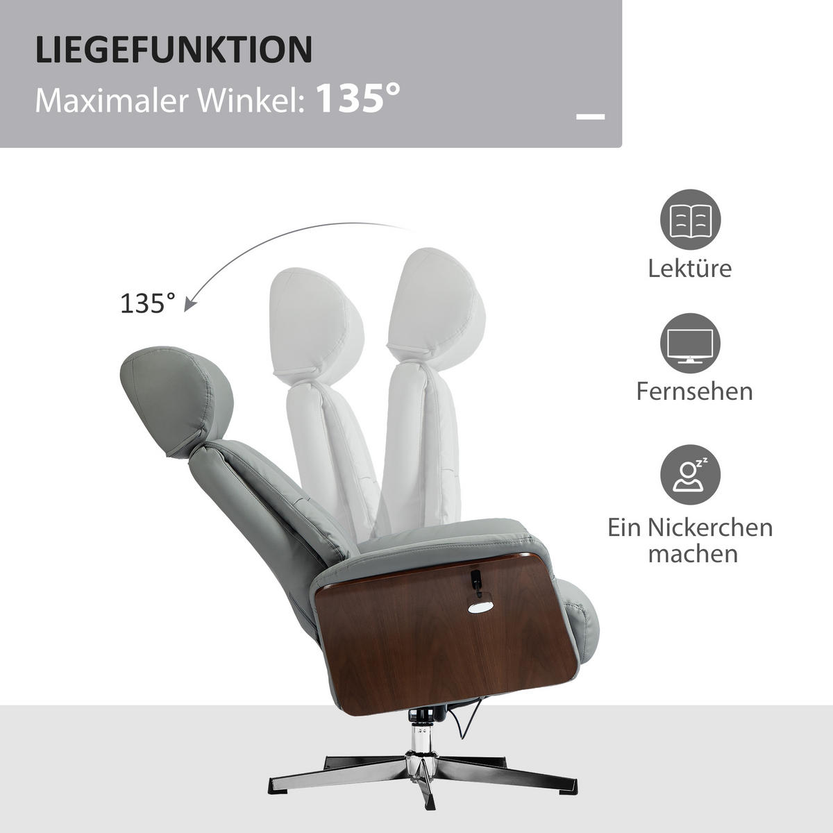 RELAXSESSEL mit Hocker, Fernsehsessel mit Liegefunktion, verstellbare Kopfstütze - Hellgrau, Kunststoff (84/108/80cm) - HOMCOM