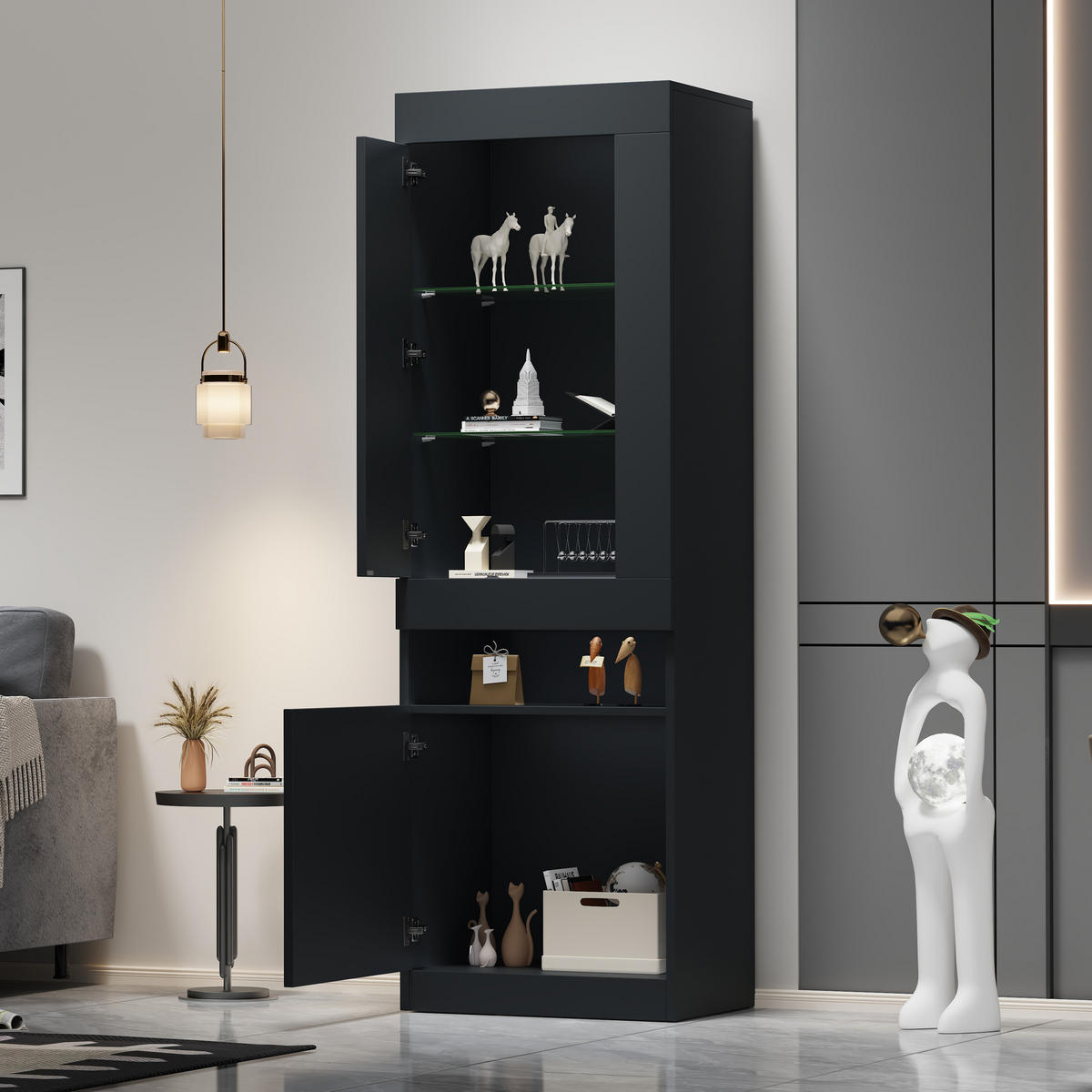 VITRINE LED Schwarz Stauraum Buffetschrank Wohnzimmerschrank modern - Schwarz, Holzwerkstoff (40/180/50cm) - FLIEKS