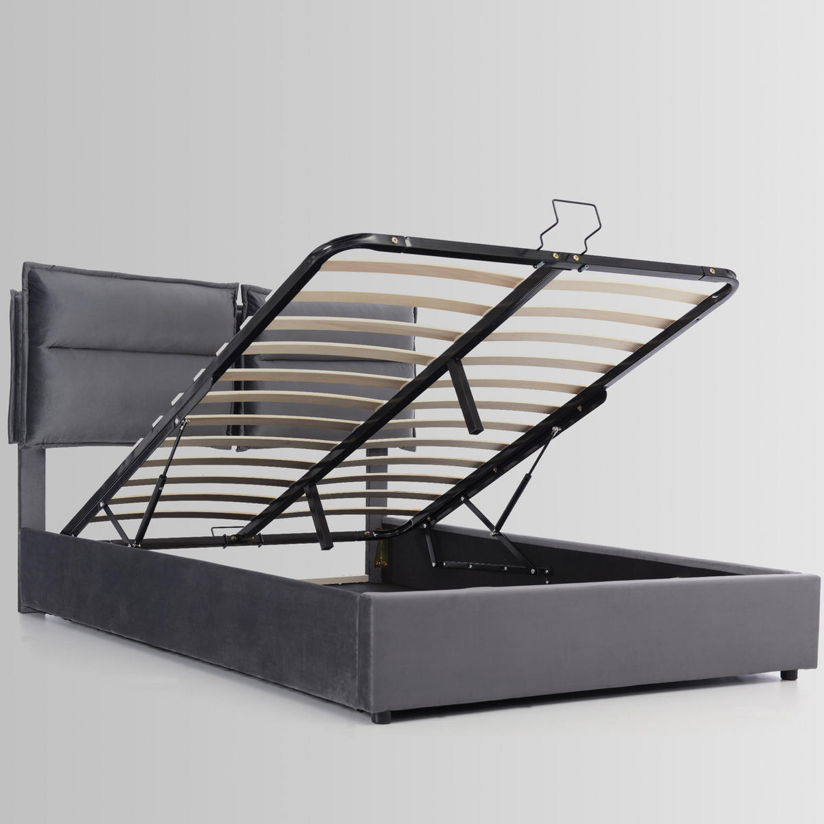 POLSTERBETT 140/200 cm grau mit höhenverstellbarem Kopfteil und Stauraum - Grau, Textil (140/200cm) - OKWISH