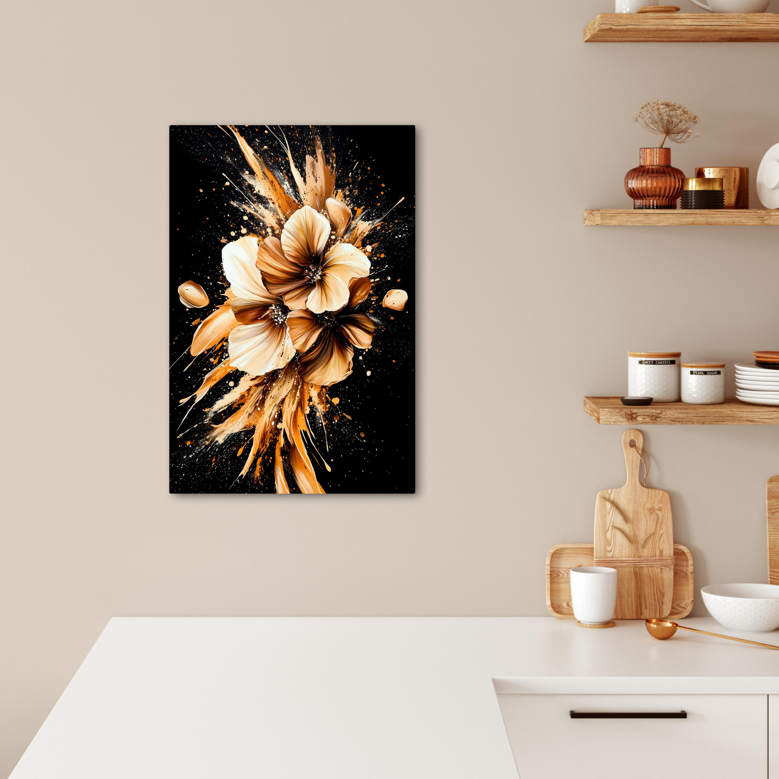 LEINWANDBILD Blumen - Gold - Graffiti - Schwarz - Abstrakt 40x60 cm - Cappuccino, Textil (40/60cm) - MuchoWow