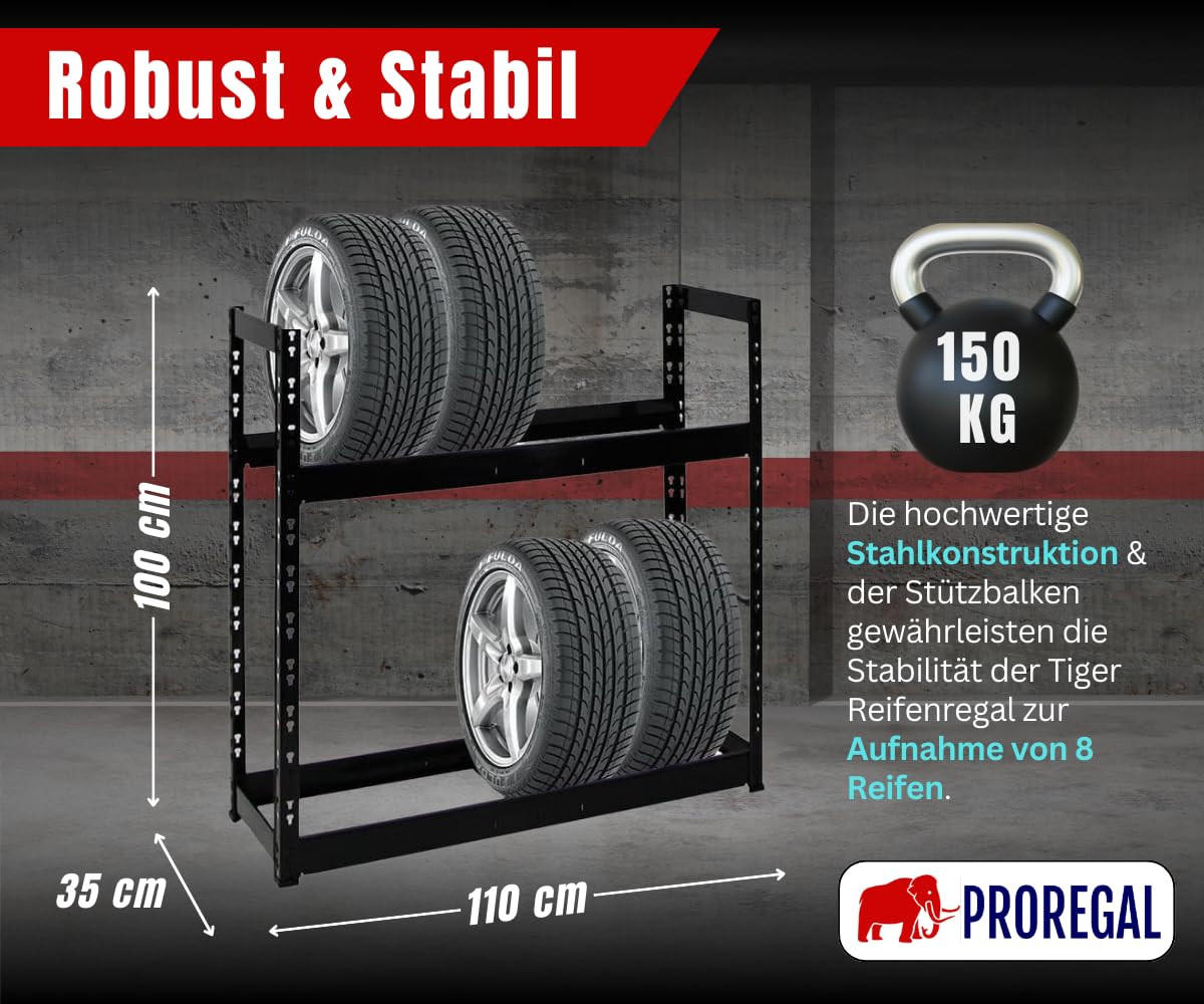 REIFENREGAL Tiger 100x110x35 cm 150 kg Fachlast bis zu 8 Reifen auf 2 Ebenen Schwarz - Schwarz, Metall (110/100/35cm) - PROREGAL