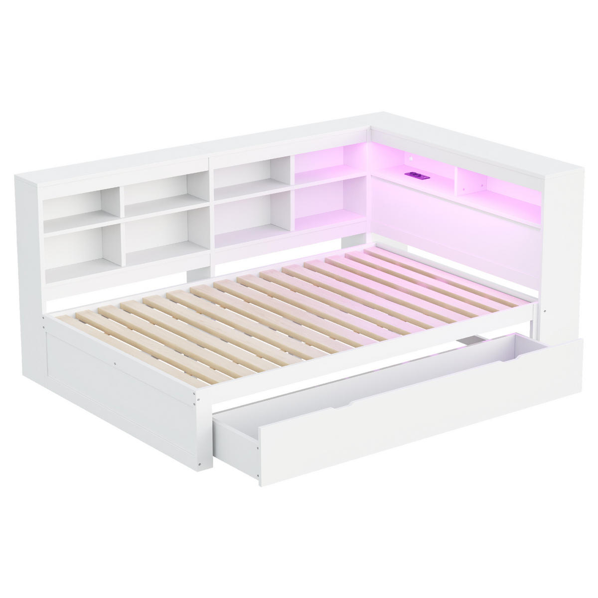 MULTIFUNKTIONSBETT 140/200 cm mit großem Stauraum und USB-Anschluss - Weiß, Holz (140/200cm) - OKWISH