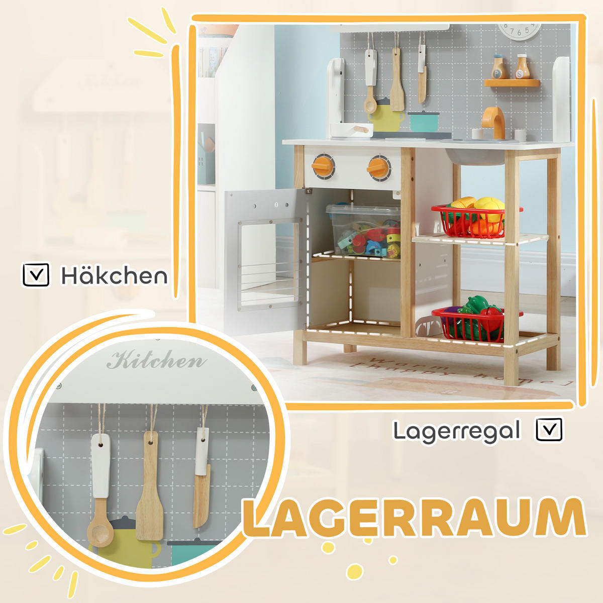 KINDERKÜCHE Spielküche mit Herd, Ofen, Spüle, Uhr & Ablagen für 3-6 Jahre Grau - Grau, Holzwerkstoff (57/26/82cm) - AIYAPLAY