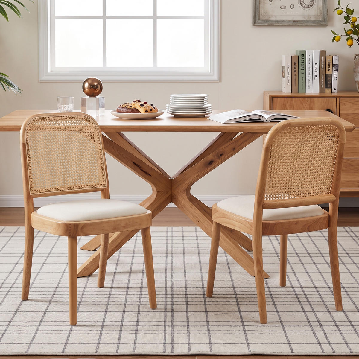 ESSZIMMERSTÜHLE 6er-Set Massivholz Rattan Leinen Holz - Naturfarben, Holz (52/84/45cm) - FLIEKS