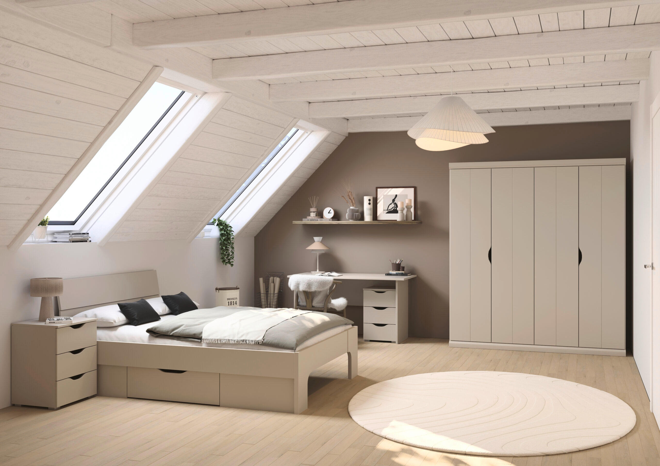 JUGENDZIMMER Frieda in Beige 5-teilig mit 4 türigem Kleiderschrank ohne Schubkästen, 140er Jugendbett, Nachttisch, Schreibtisch mit Container - Beige, Holzwerkstoff (80/200/120cm)