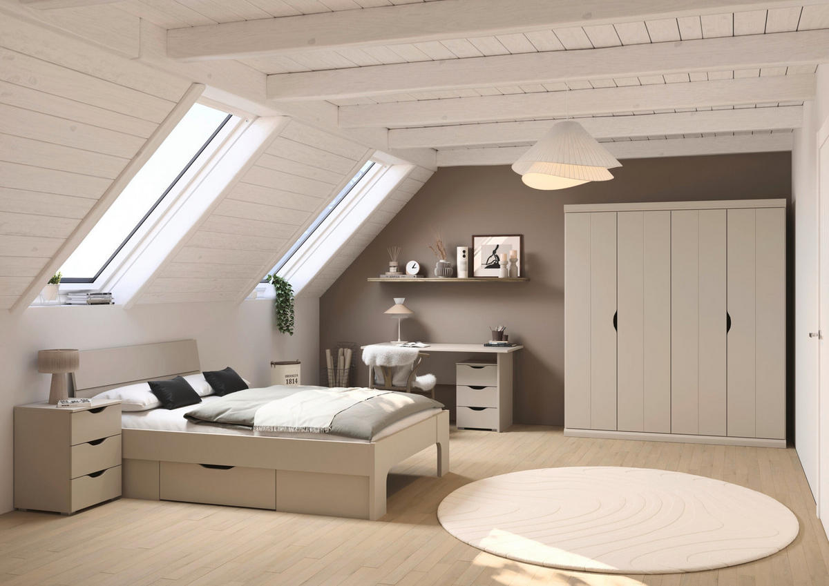 JUGENDZIMMER Frieda in Beige 5-teilig mit 4 türigem Kleiderschrank ohne Schubkästen, 140er Jugendbett, Nachttisch, Schreibtisch mit Container - Beige, Holzwerkstoff (80/200/120cm)