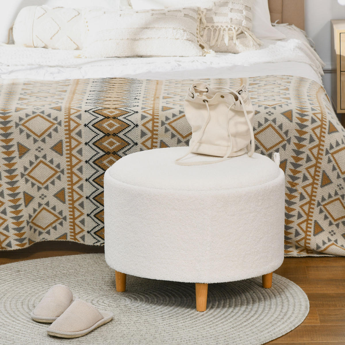 SITZHOCKER Ottomane mit Stauraum Runder Polsterhocker mit Klappdeckel, Weiß - Weiß/Naturfarben, Eichenholz/Kunststoff (56/42/56cm) - HOMCOM