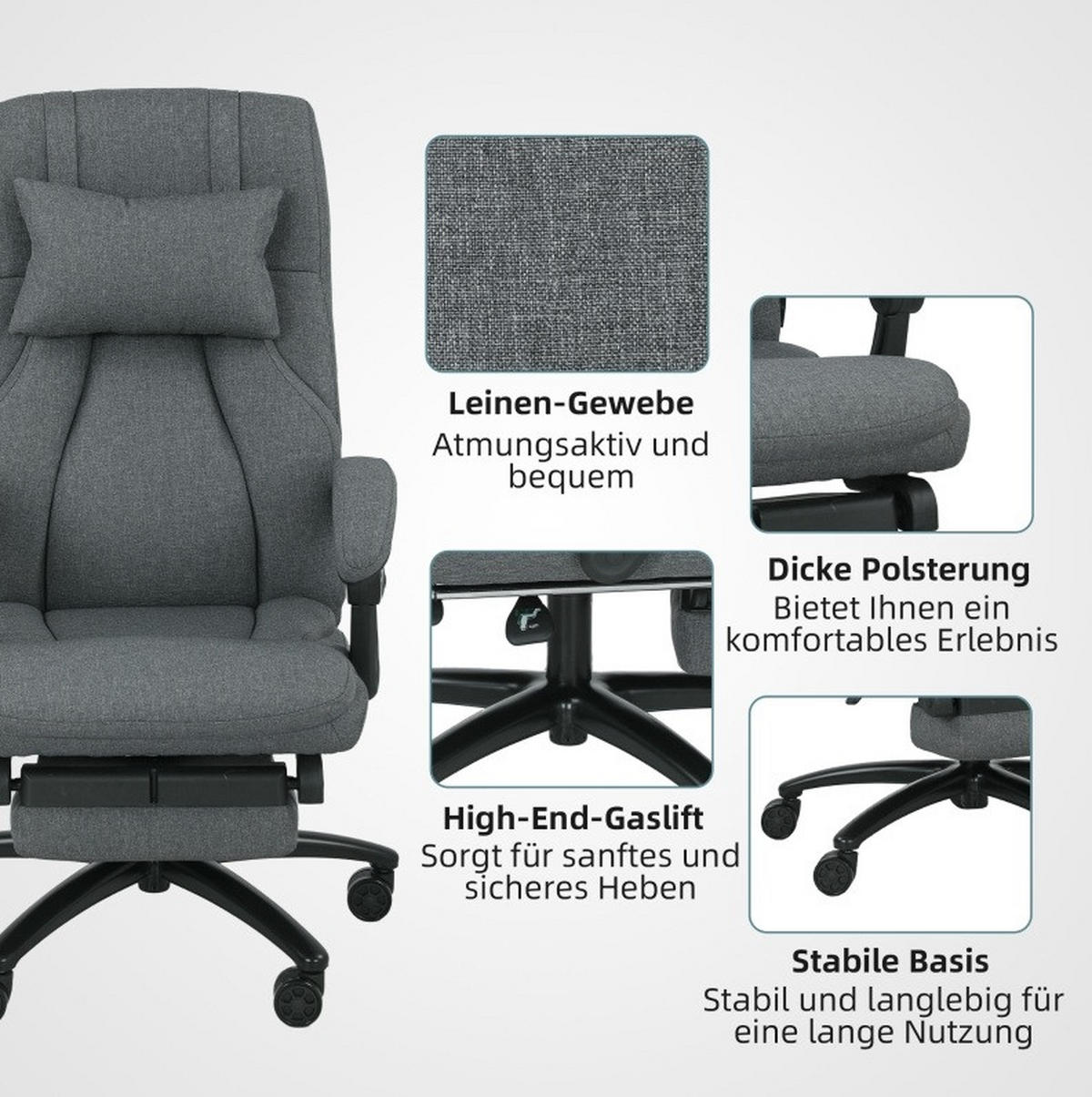 BÜROSTUHL in Dunkelgrau 74x64x117 cm mit Vibrationsmassage und ausziehbarer Fußstütze - Dunkelgrau, Textil (64/117/74cm) - IVMEU