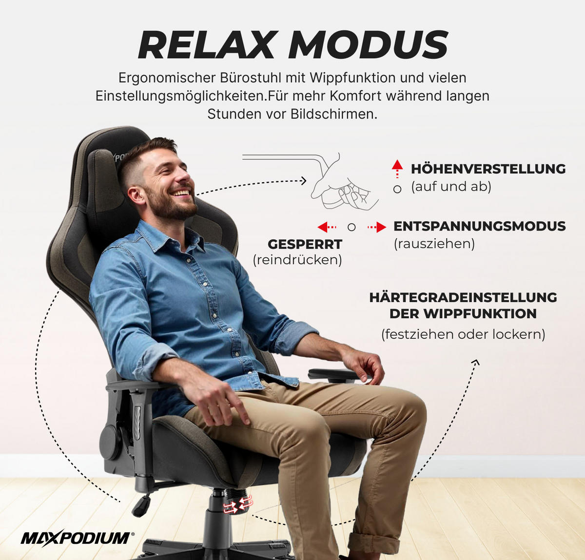 GAMING-STUHL Tactical Grau - Dunkelgrau/Grau, Textil/Metall (55/137/50cm) - MaxPodium