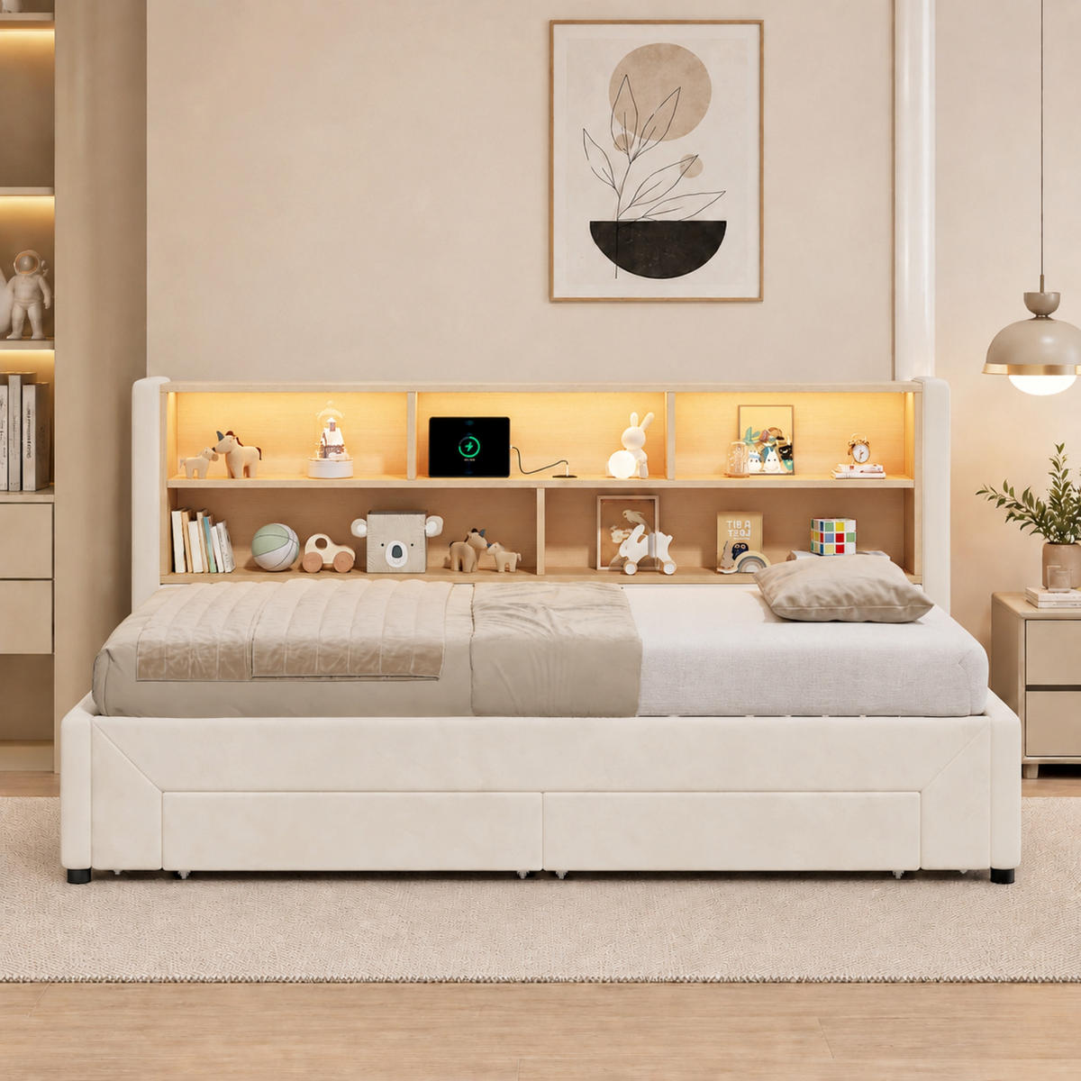 POLSTERBETT 90/200 cm & 90/200 cm in Beige Samt mit 2 Schubladen, LED und USB - Beige, Holzwerkstoff/Textil (90/200cm) - STILVORA