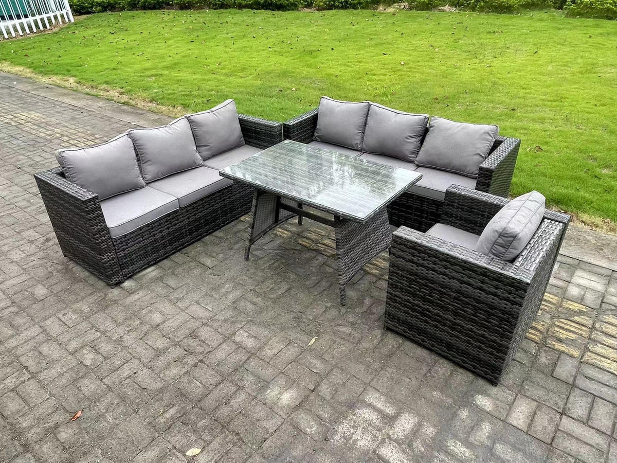 GARTENMÖBELSET mit Esstisch,Stuhl 7-Sitzer Grau - Dunkelgrau/Grau, Glas/Kunststoff - Fimous