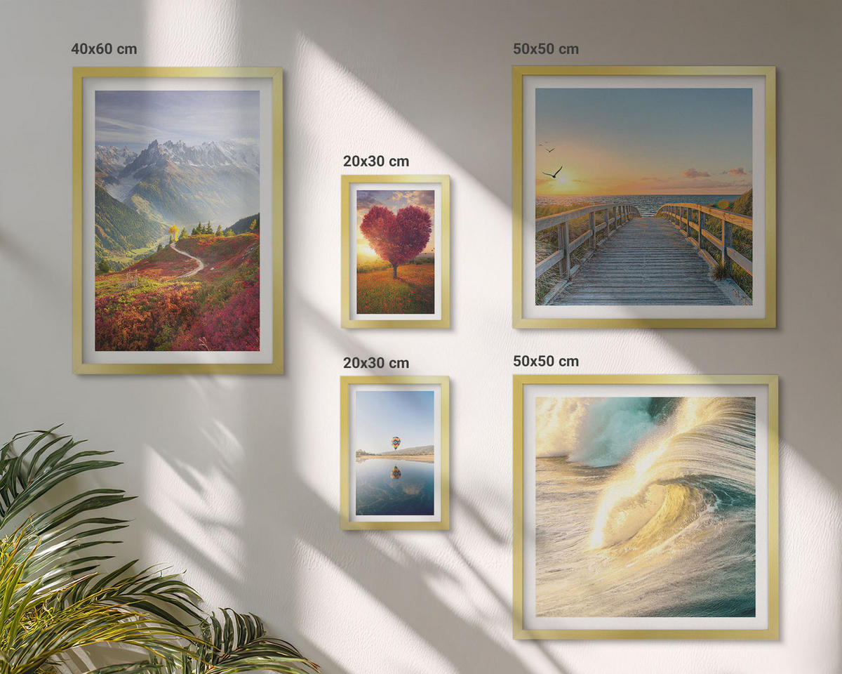WANDBILDER 5er Set - 50x50 cm & 20x30 cm & 40x60 cm Goldrahmen - Landschaften Berge Wellen Baum Herz Pier - Goldfarben, Kunststoff (40/60cm) - ArtPrintCave