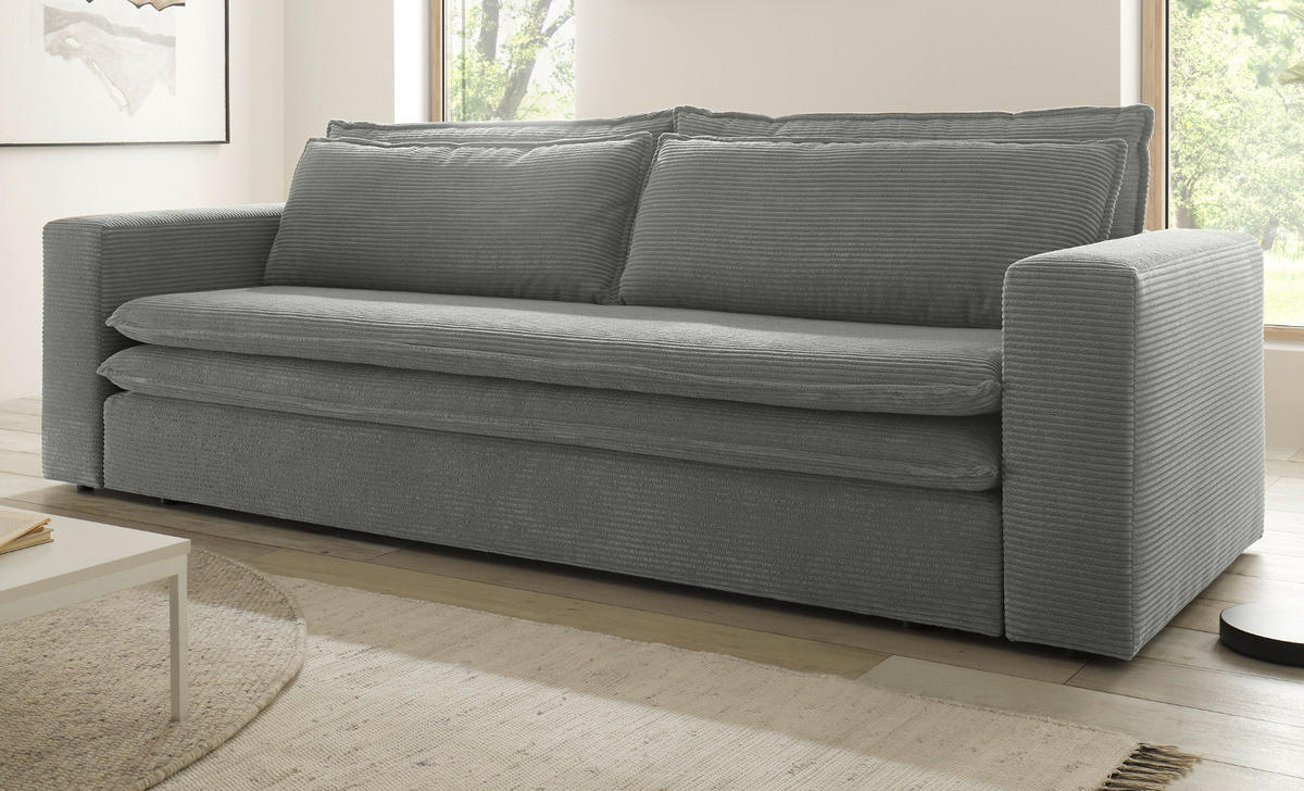 SCHLAFSOFA hellgrau Cord, Sofa 3-Sitzer mit Bettfunktion 244 cm - Beige/Hellgrau, Holz/Textil (244/83/91cm) - Furn.Design