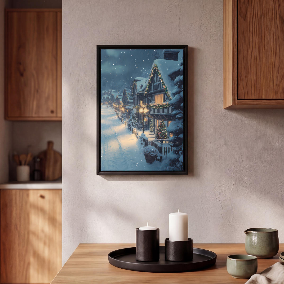 LEINWAND Bilder mit Rahmen - Weihnachtsdorf - Weihnachten - Schnee - Winter - 20x30 - Dunkelblau, Textil (20/30cm) - MuchoWow