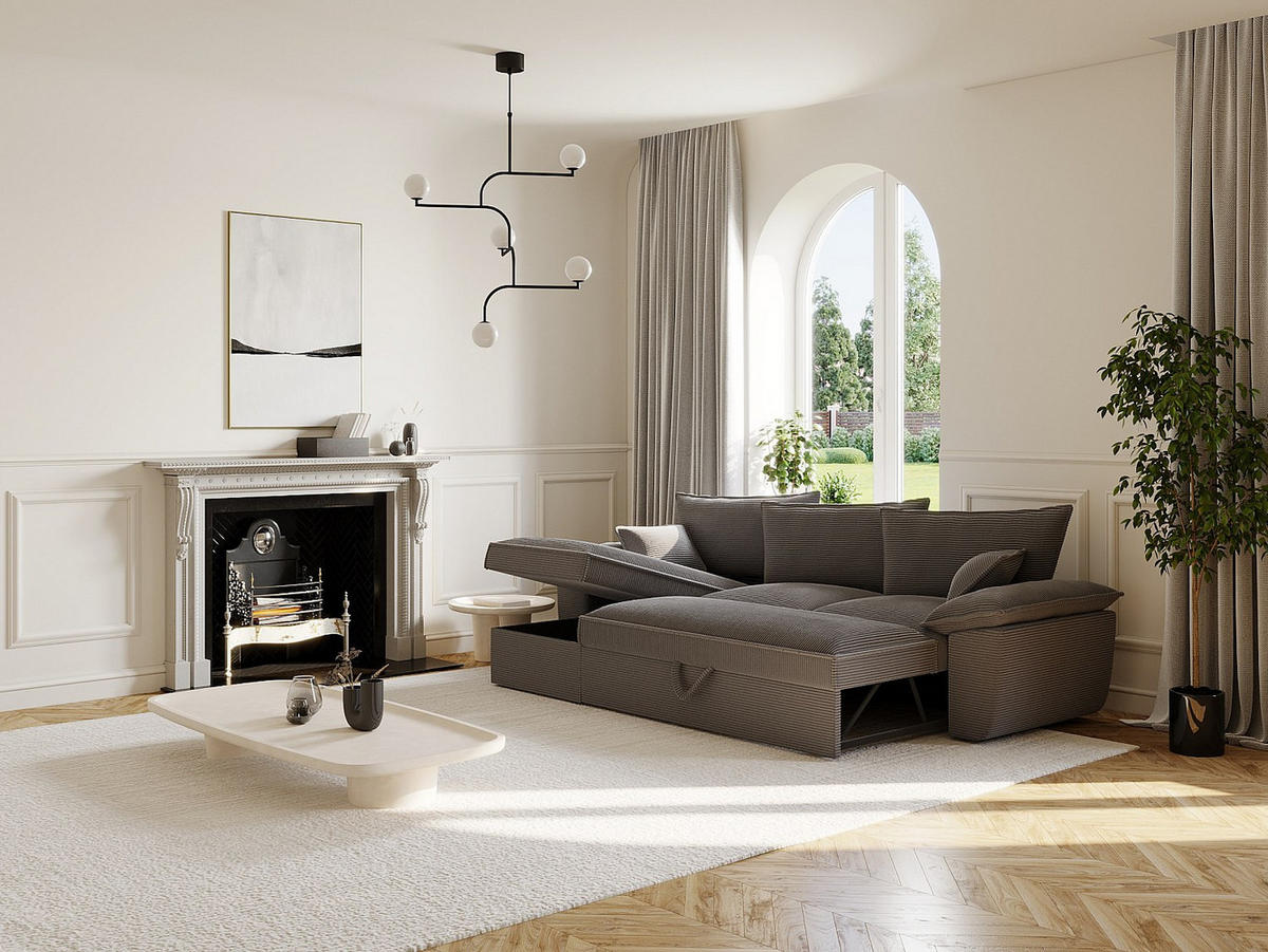 ECKSOFA mit Schlaffunktion + Bettkasten - Ecke links - Cord - Dunkelgrau - GUILLERMO - Grau, Textil (257/168cm) - Vente-Unique