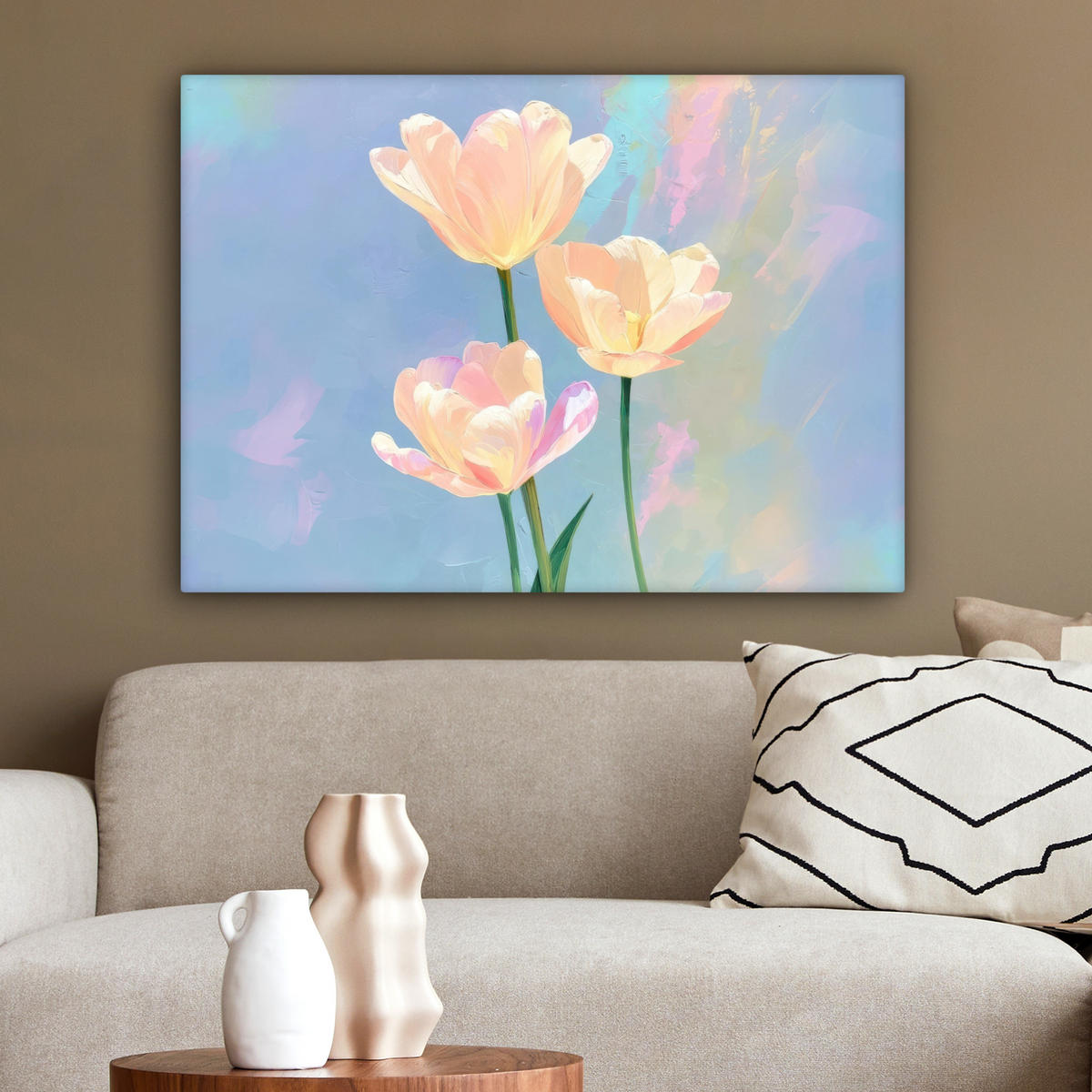 LEINWANDBILD Tulpen - Rosa Akzente - Blau Wandbilder 80x60 cm - Pastellblau, Textil (80/60cm) - MuchoWow