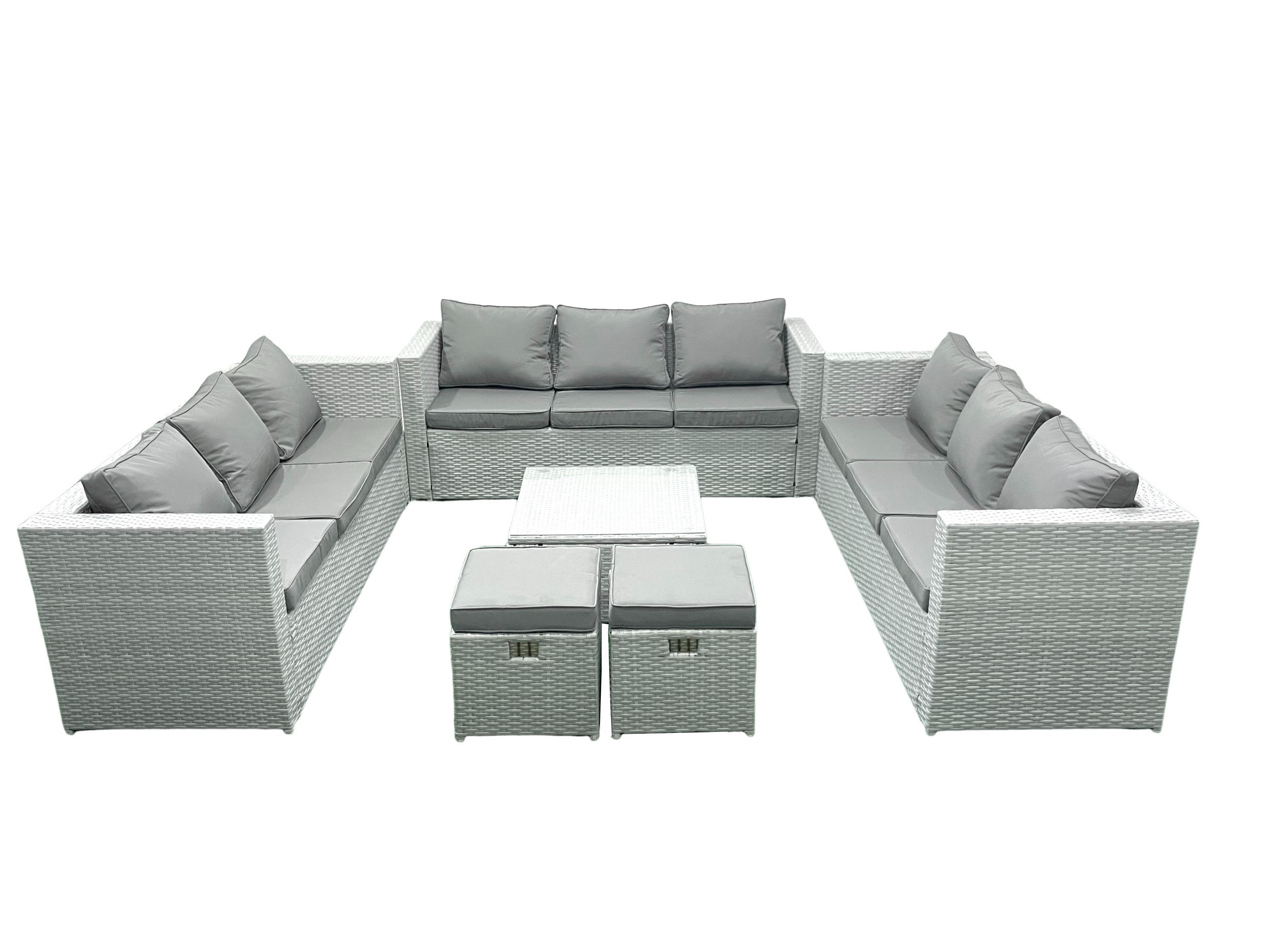 GARTENMÖBELSET mit 3-SITZER SOFA,COUCHTISCH Polyrattan Hellgrau-Mix 11-Sitzer - Hellgrau/Grau, Glas/Kunststoff - Fimous
